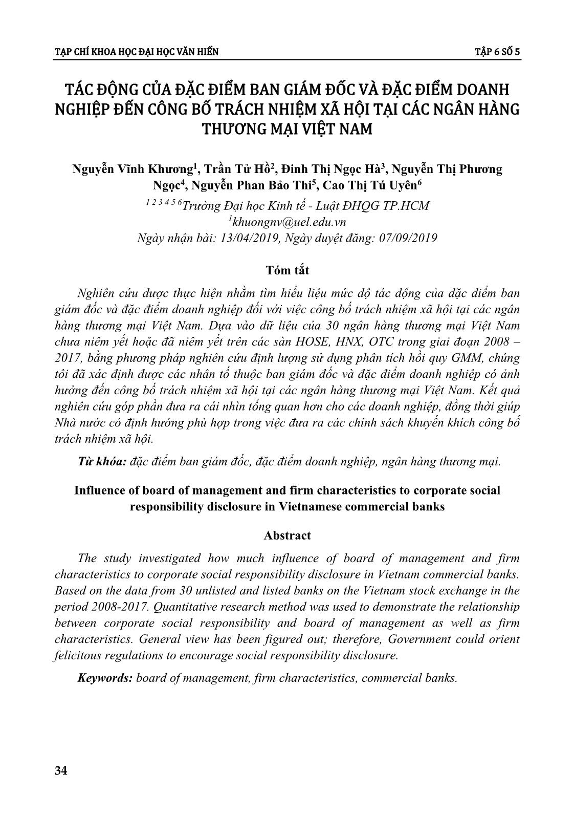 Tác động của đặc điểm ban giám đốc và đặc điểm doanh nghiệp đến công bố trách nhiệm xã hội tại các ngân hàng thương mại Việt Nam trang 1