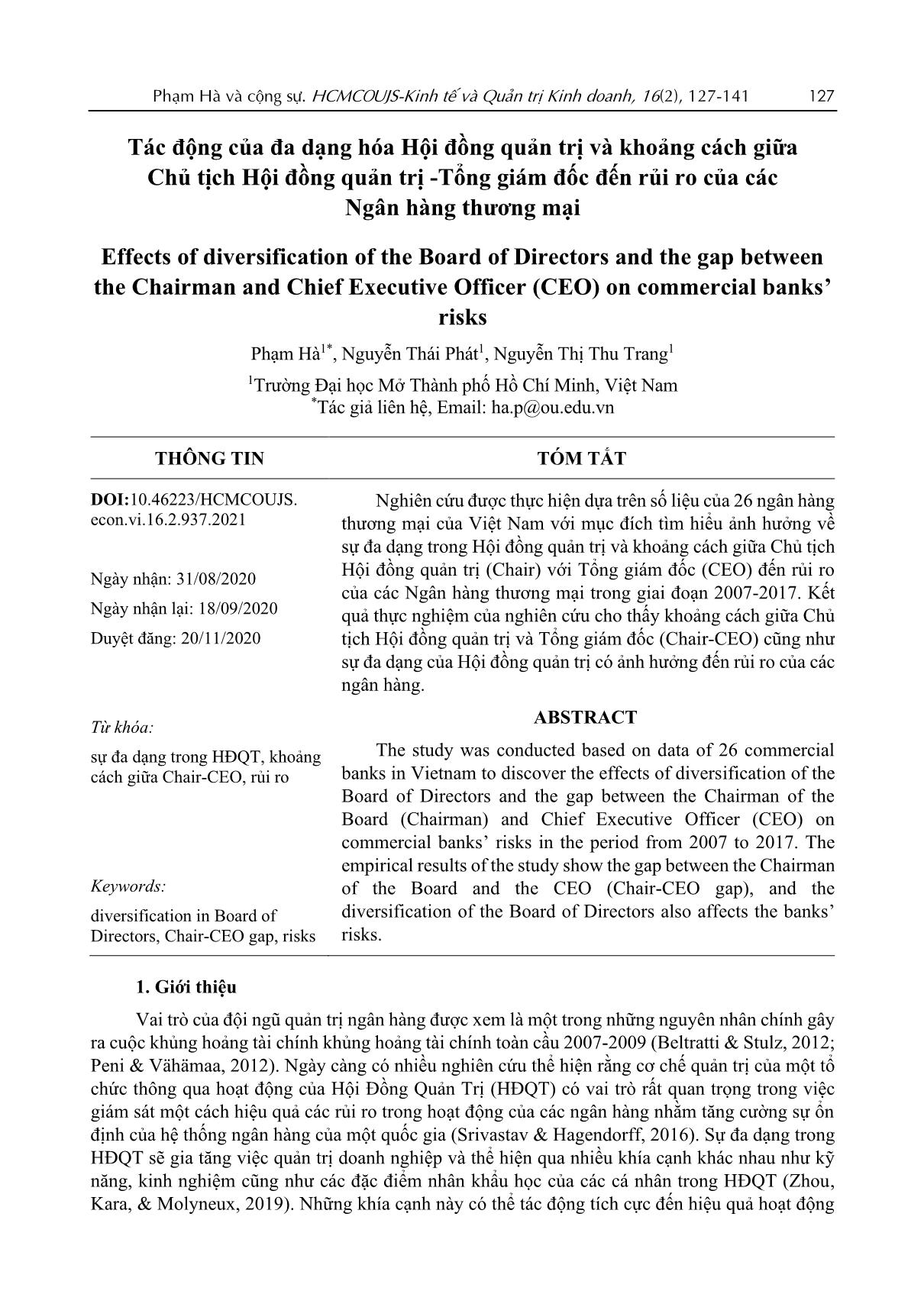 Tác động của đa dạng hóa Hội đồng quản trị và khoảng cách giữa Chủ tịch Hội đồng quản trị -Tổng giám đốc đến rủi ro của các Ngân hàng thương mại trang 1