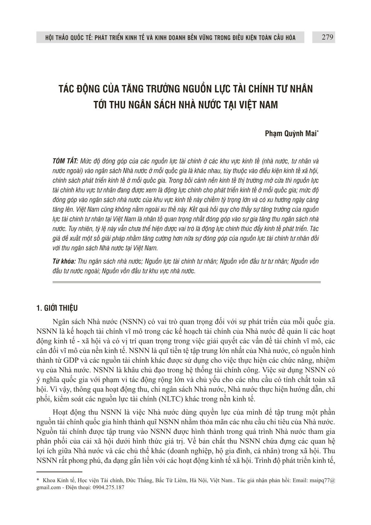 Tác động của tăng trưởng nguồn lực tài chính tư nhân tới thu ngân sách nhà nước tại Việt Nam trang 1