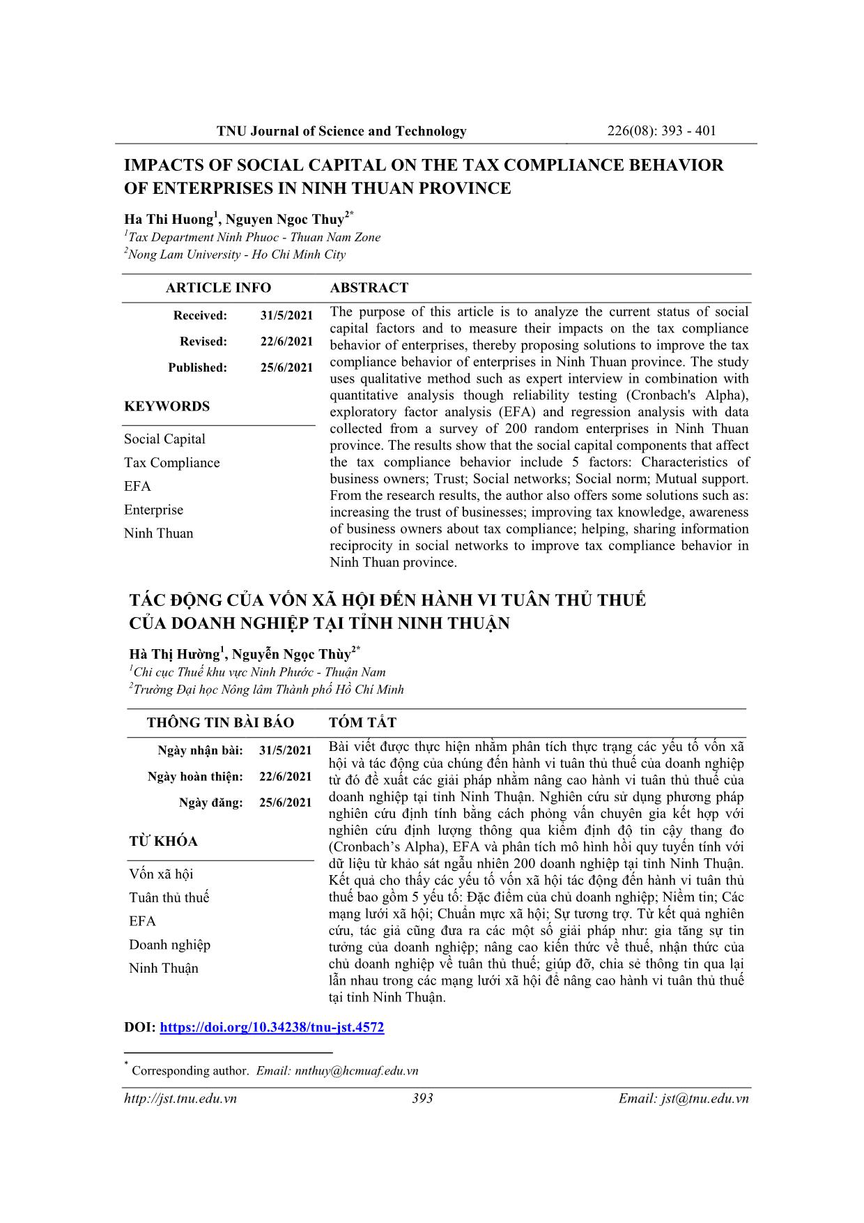 Impacts of social capital on the tax compliance behavior of enterprises in Ninh Thuan province trang 1