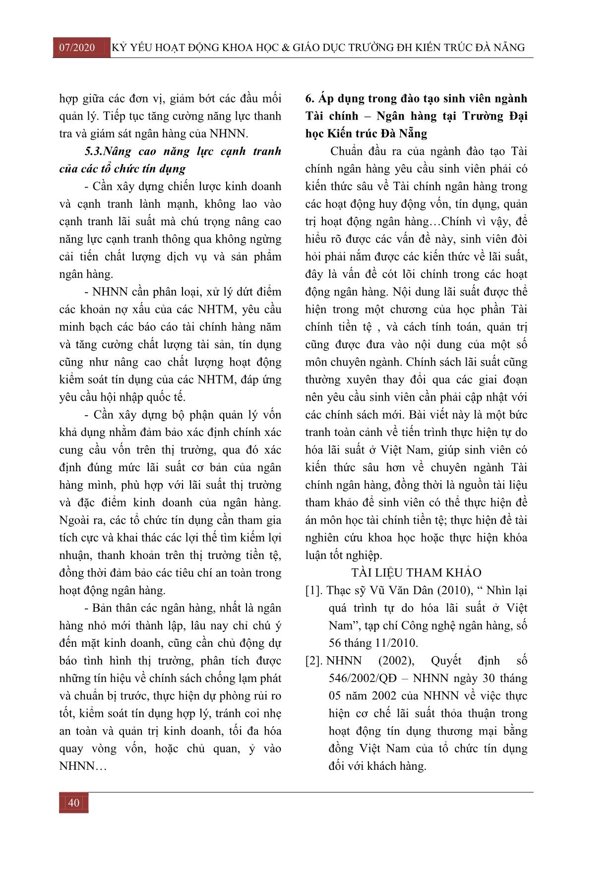Thực hiện tự do hóa lãi suất ở Việt Nam và sự vận dụng trong đào tạo sinh viên ngành tài chính ngân hàng tại trường Đại học Kiến trúc Đà Nẵng trang 6