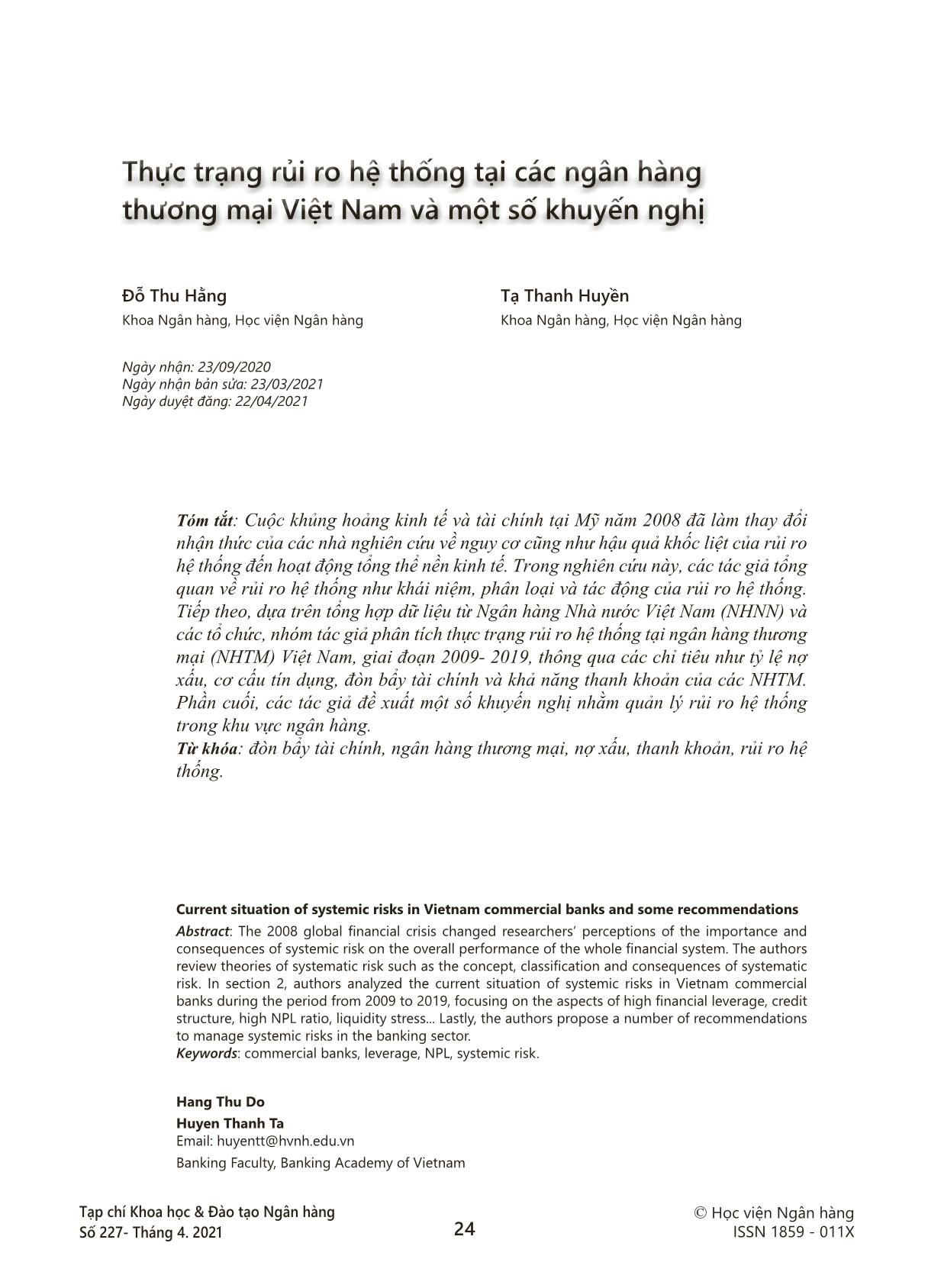 Thực trạng rủi ro hệ thống tại các ngân hàng thương mại Việt Nam và một số khuyến nghị trang 1