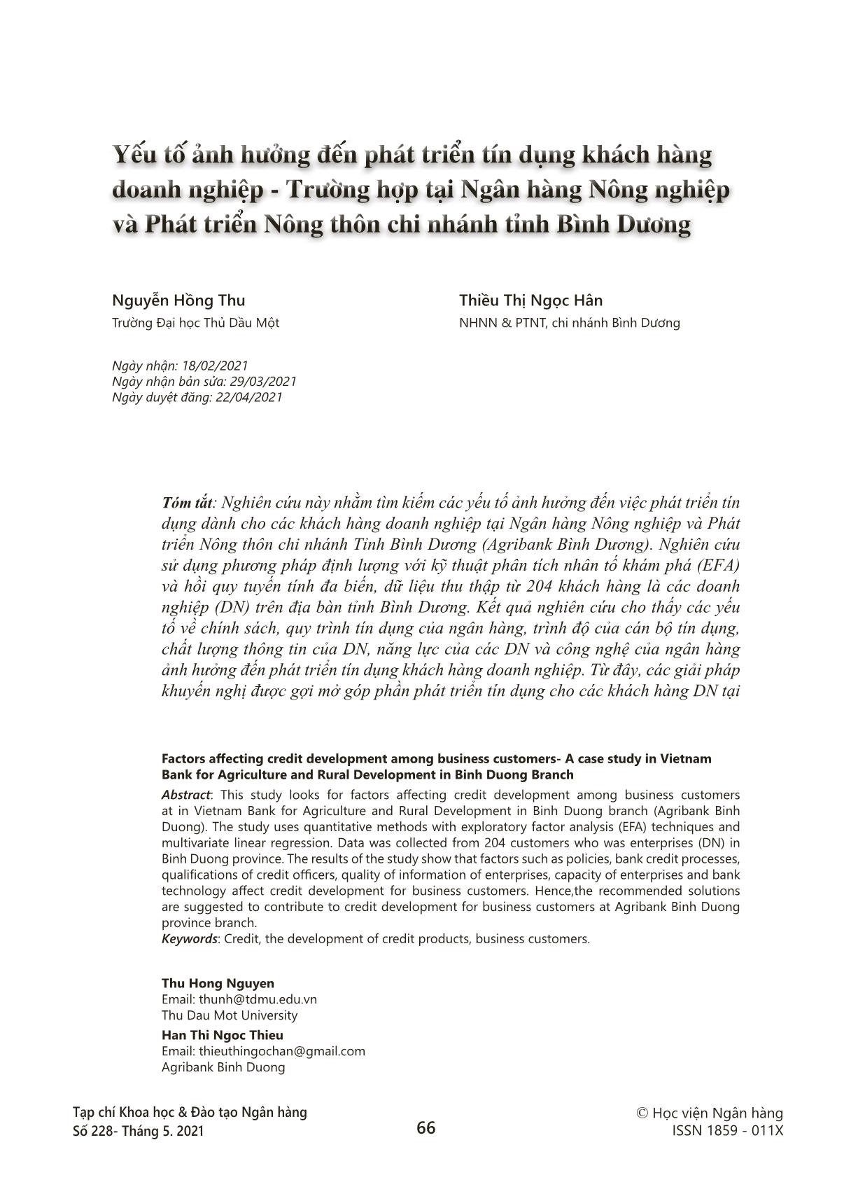 Yếu tố ảnh hưởng đến phát triển tín dụng khách hàng doanh nghiệp - Trường hợp tại Ngân hàng Nông nghiệp và Phát triển Nông thôn chi nhánh tỉnh Bình Dương trang 1