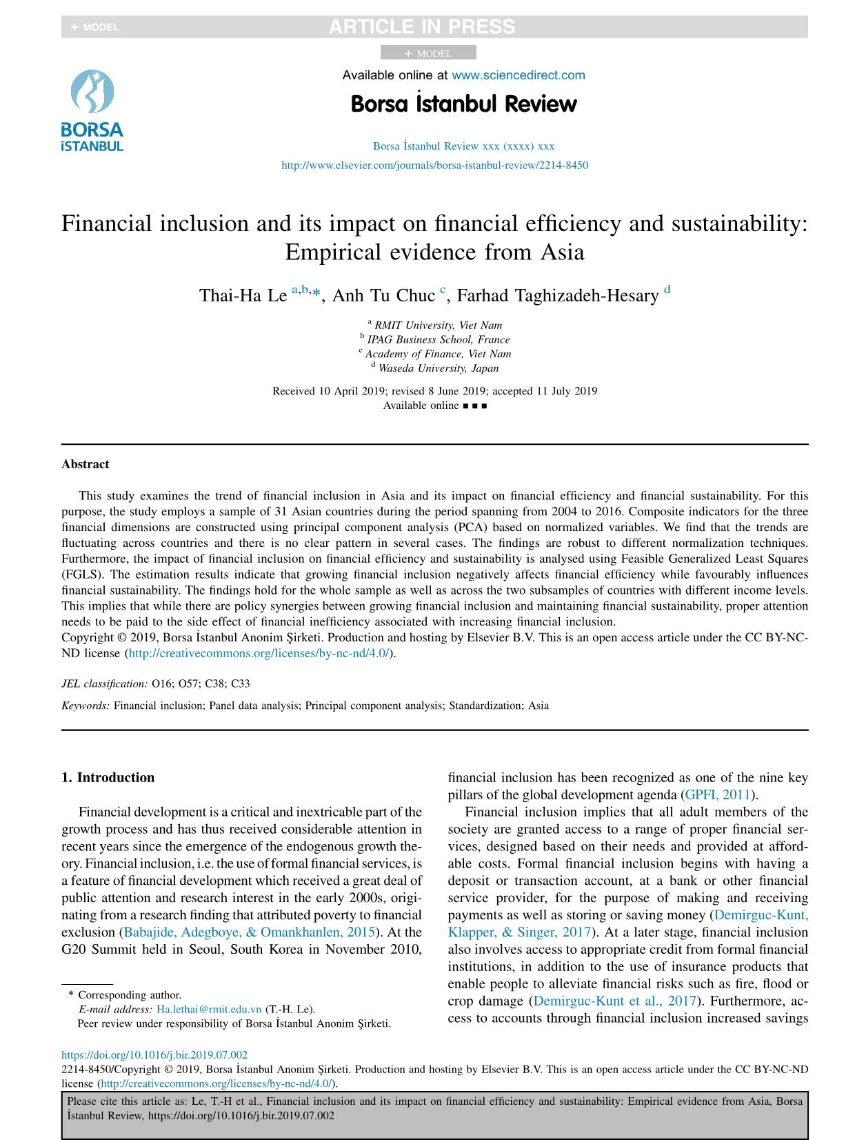 Financial inclusion and its impact on financial efficiency and sustainability: Empirical evidence from Asia trang 1