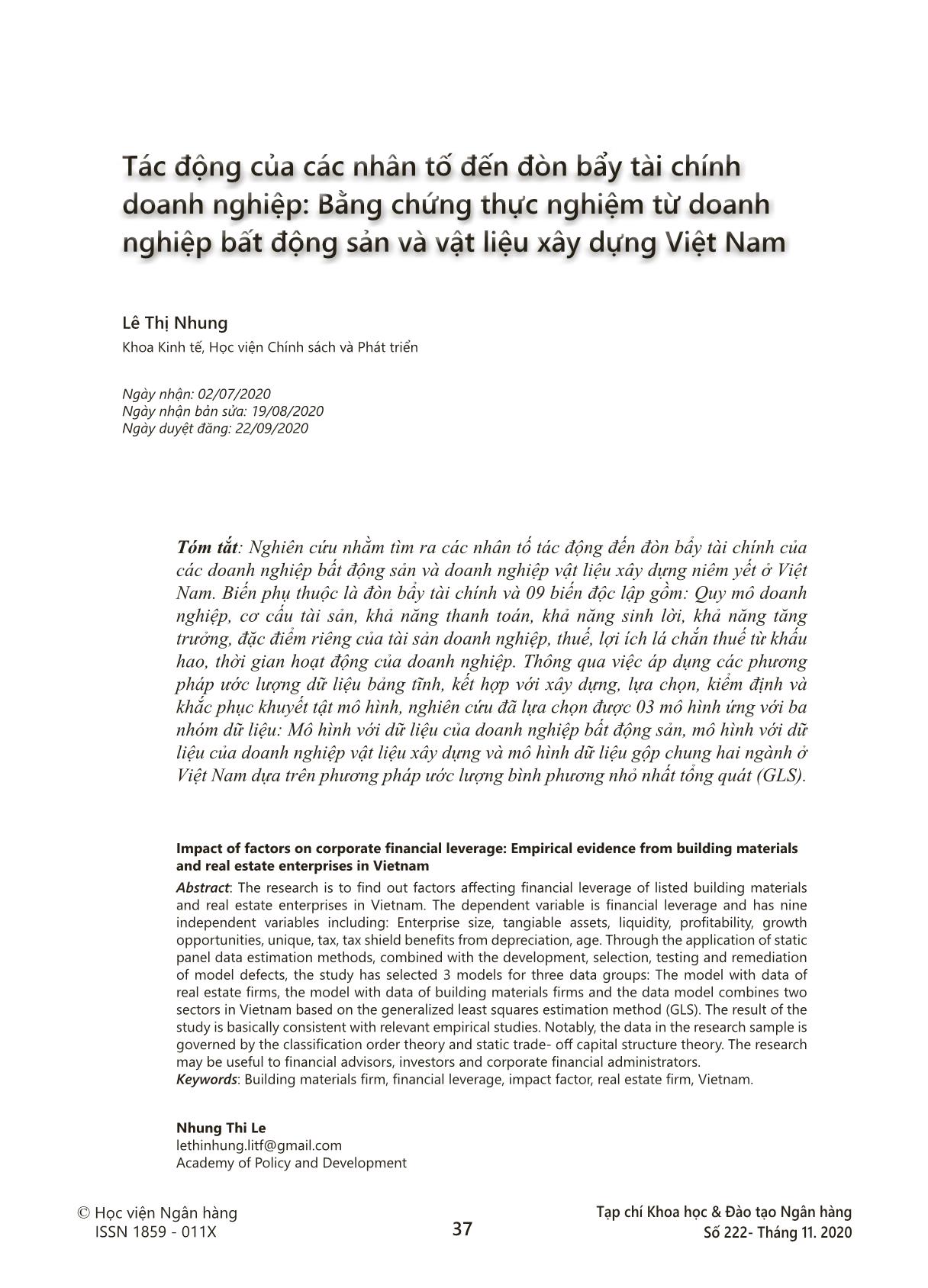 Tác động của các nhân tố đến đòn bẩy tài chính doanh nghiệp: Bằng chứng thực nghiệm từ doanh nghiệp bất động sản và vật liệu xây dựng Việt Nam trang 1