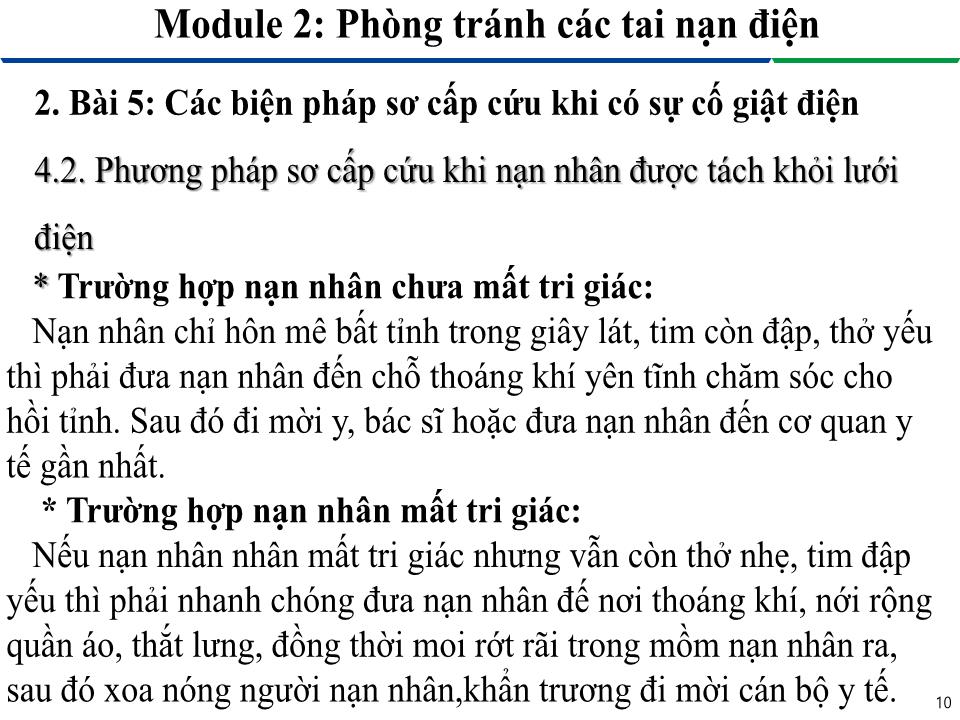 Giáo trình Module 2: Phòng tránh các tai nạn điện - Bài 5: Các biện pháp sơ cấp cứu khi có sự cố giật điện trang 10