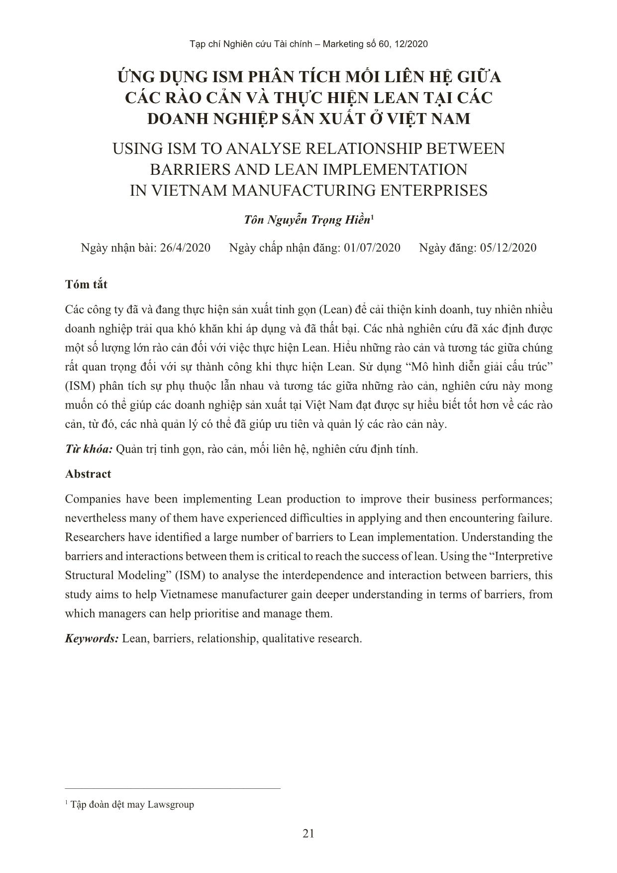 Ứng dụng ISM phân tích mối liên hệ giữa các rào cản và thực hiện lean tại các doanh nghiệp sản xuất ở Việt Nam trang 1