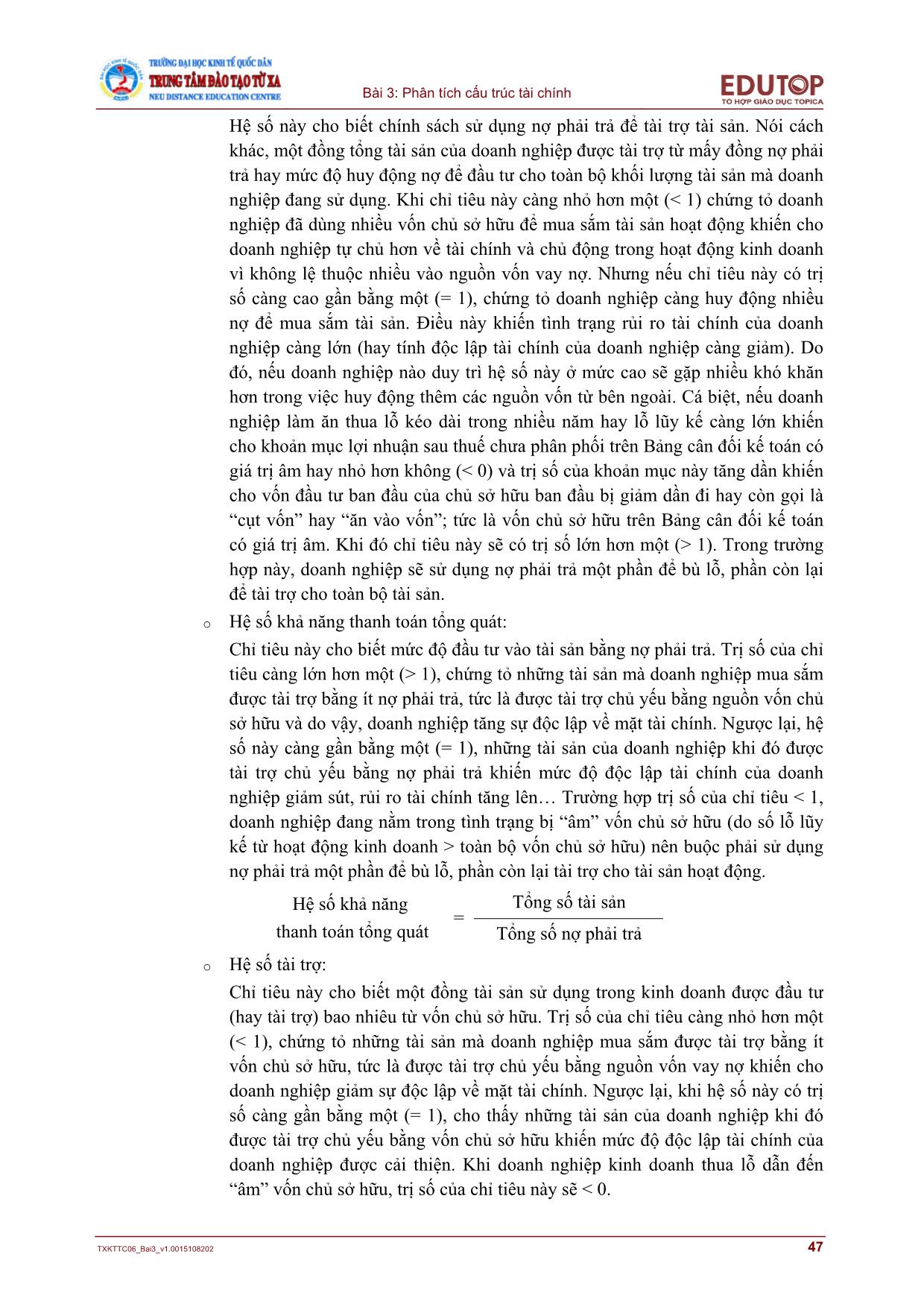 Giáo trình Phân tích báo cáo tài chính - Bài 3: Phân tích cấu trúc tài chính trang 5