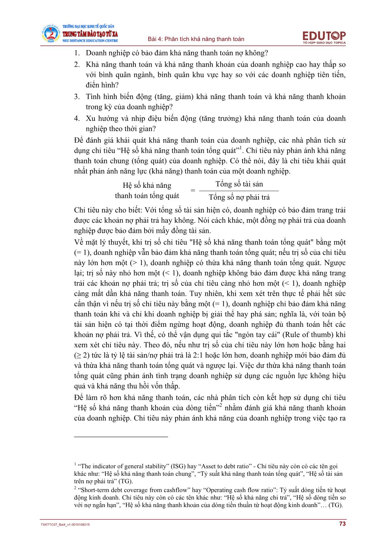 Giáo trình Phân tích báo cáo tài chính - Bài 4: Phân tích khả năng thanh toán trang 6