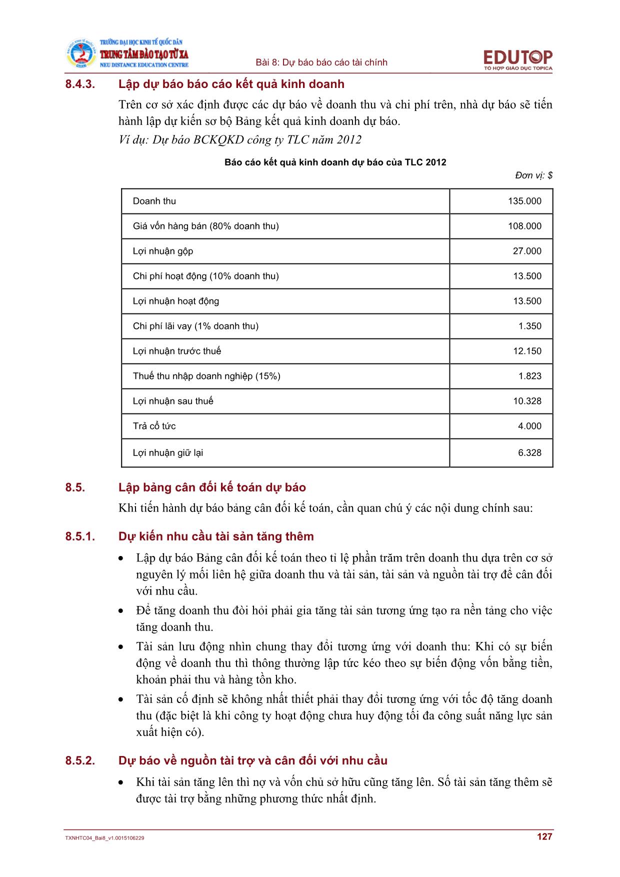 Giáo trình Phân tích báo cáo tài chính - Bài 8: Dự báo Báo cáo tài chính trang 8