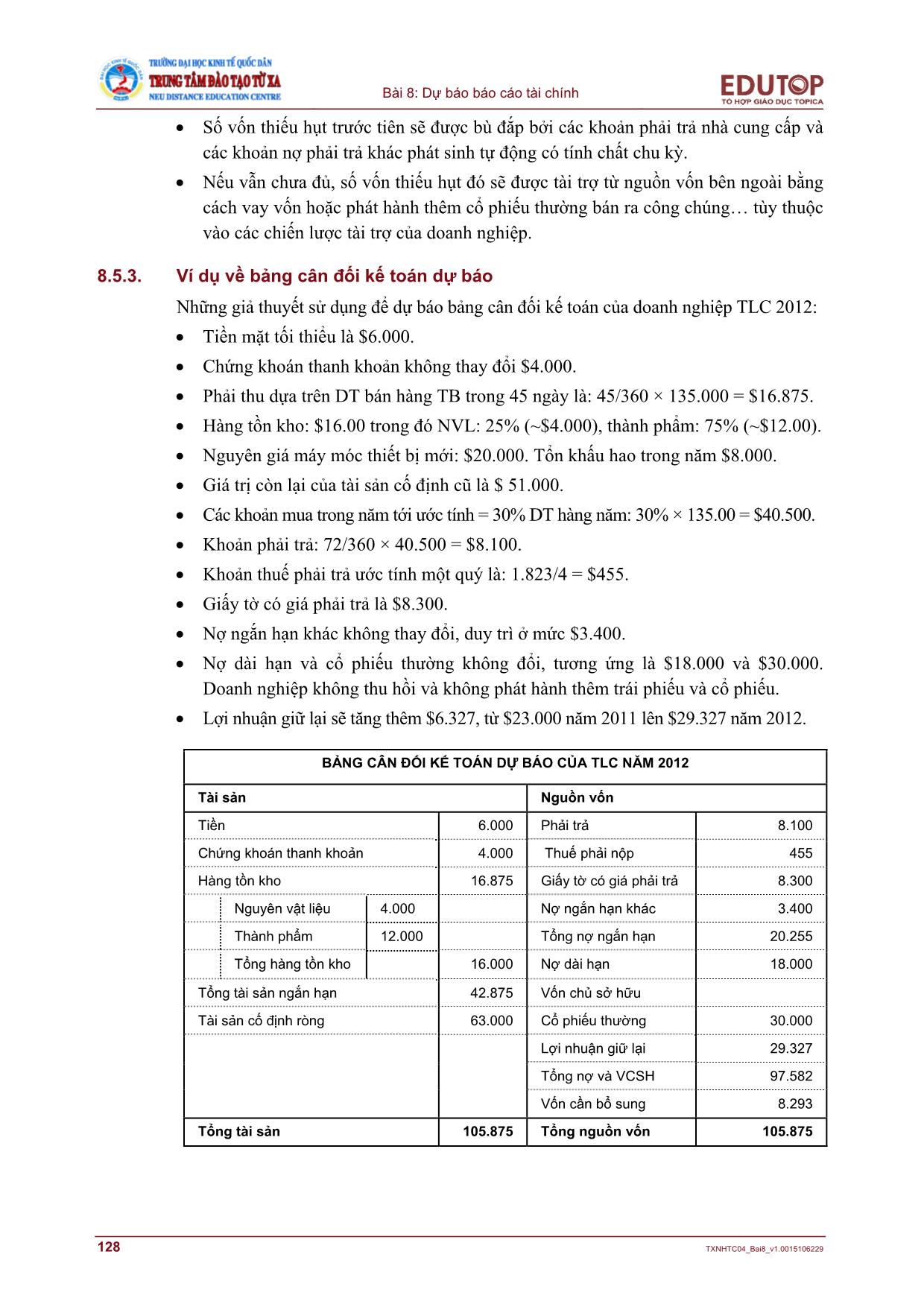 Giáo trình Phân tích báo cáo tài chính - Bài 8: Dự báo Báo cáo tài chính trang 9