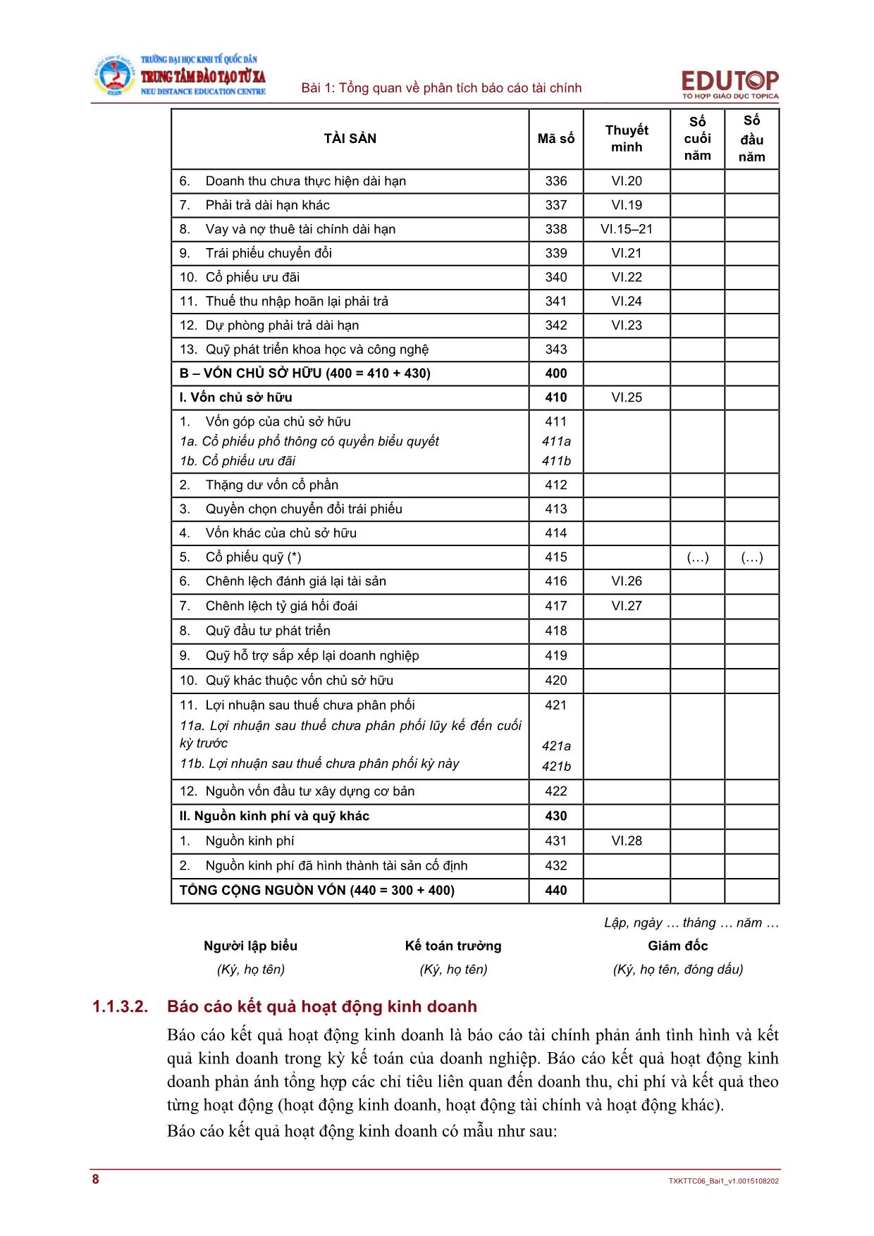 Giáo trình môn Phân tích báo cáo tài chính - Bài 1: Tổng quan về phân tích báo cáo tài chính trang 8