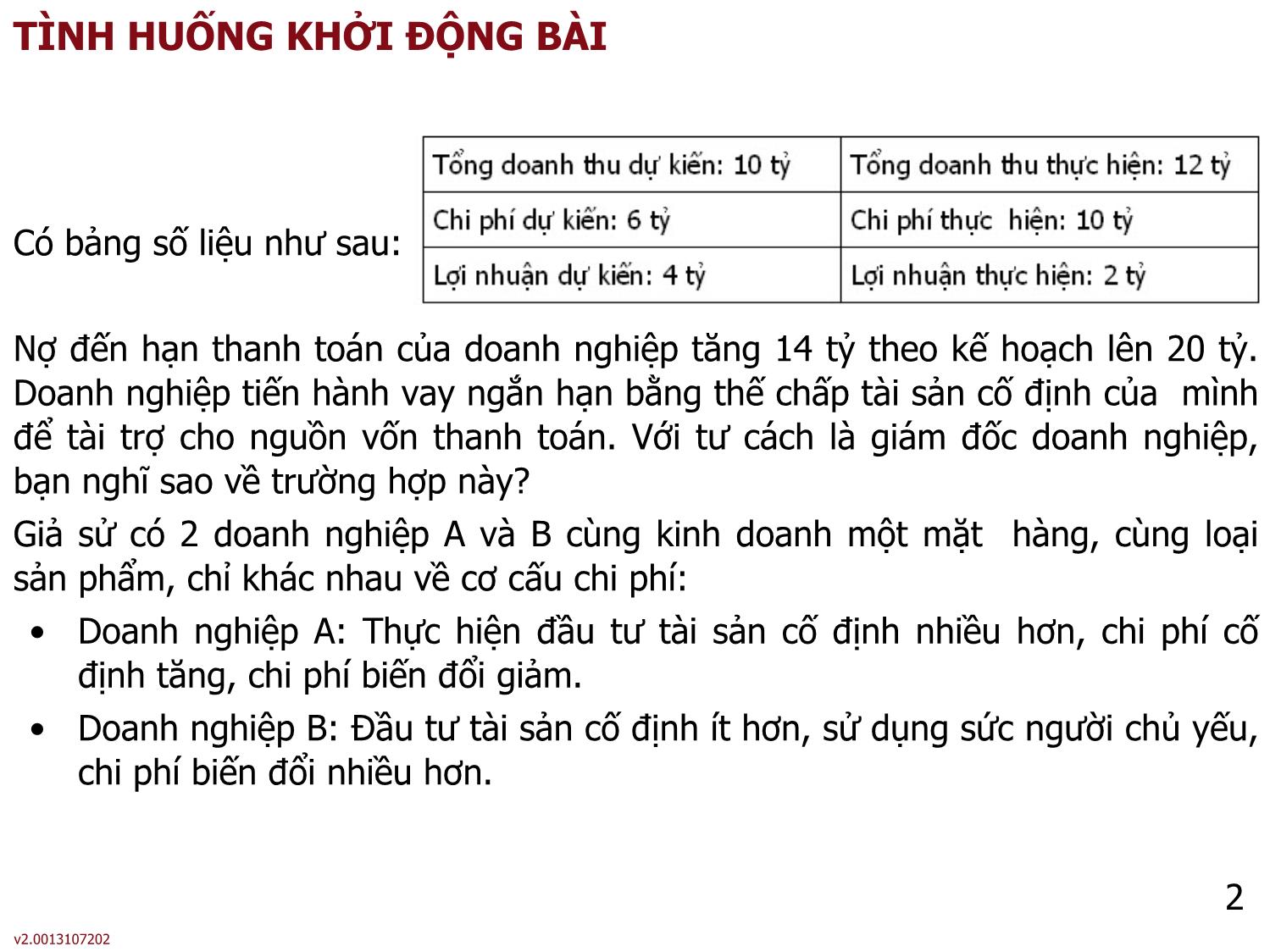 Bài giảng môn Phân tích báo cáo tài chính - Bài 7: Rủi ro và đòn bẩy của doanh nghiệp - Nguyễn Thị Hà trang 2