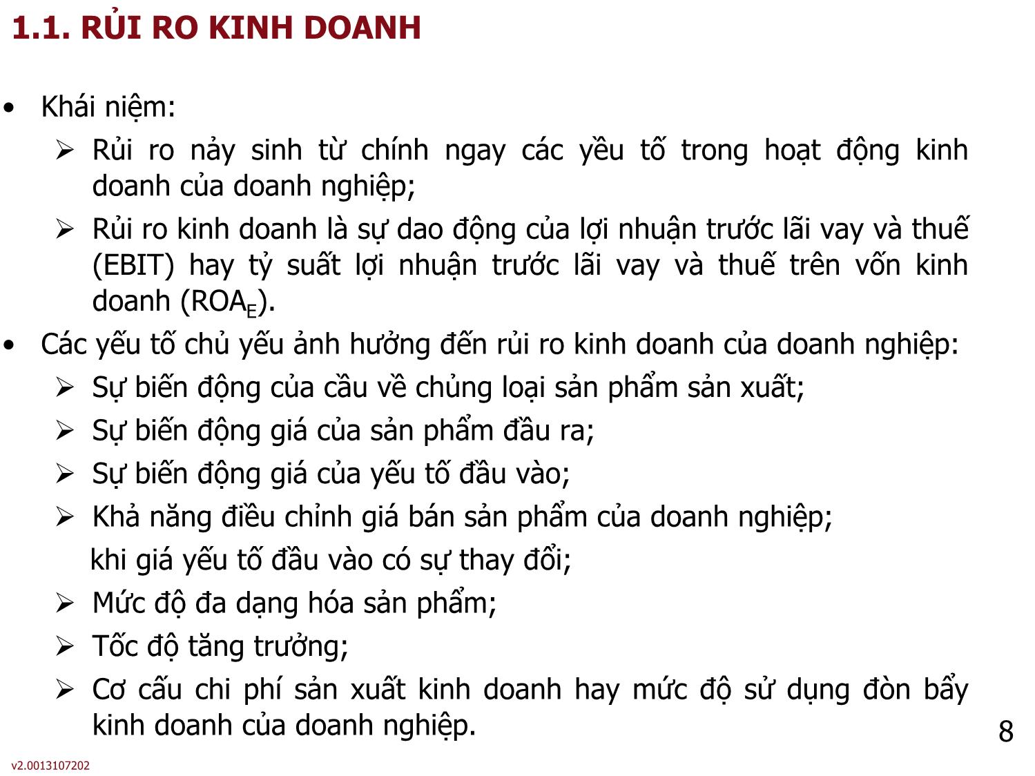 Bài giảng môn Phân tích báo cáo tài chính - Bài 7: Rủi ro và đòn bẩy của doanh nghiệp - Nguyễn Thị Hà trang 8