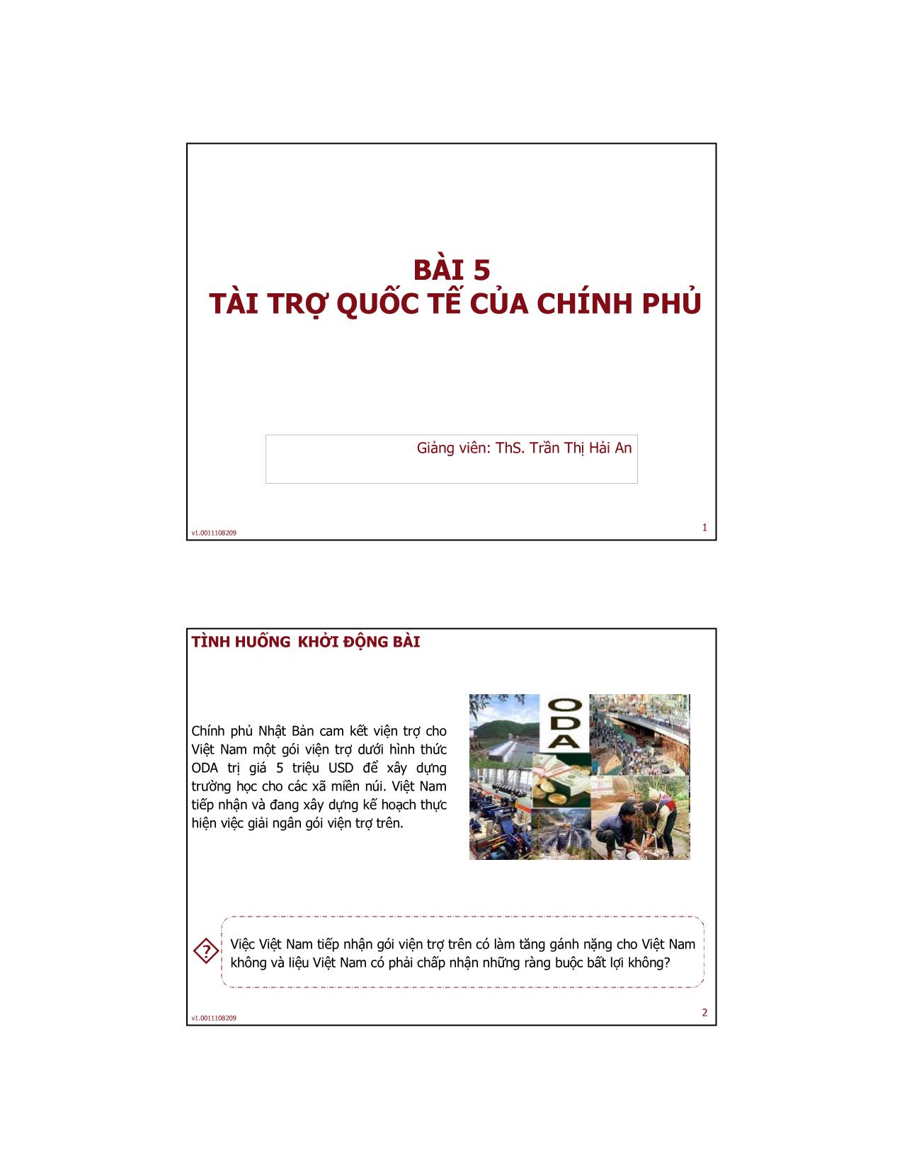 Bài giảng Tài chính quốc tế - Bài 5: Tài trợ quốc tế của chính phủ - Trần Thị Hải An trang 1