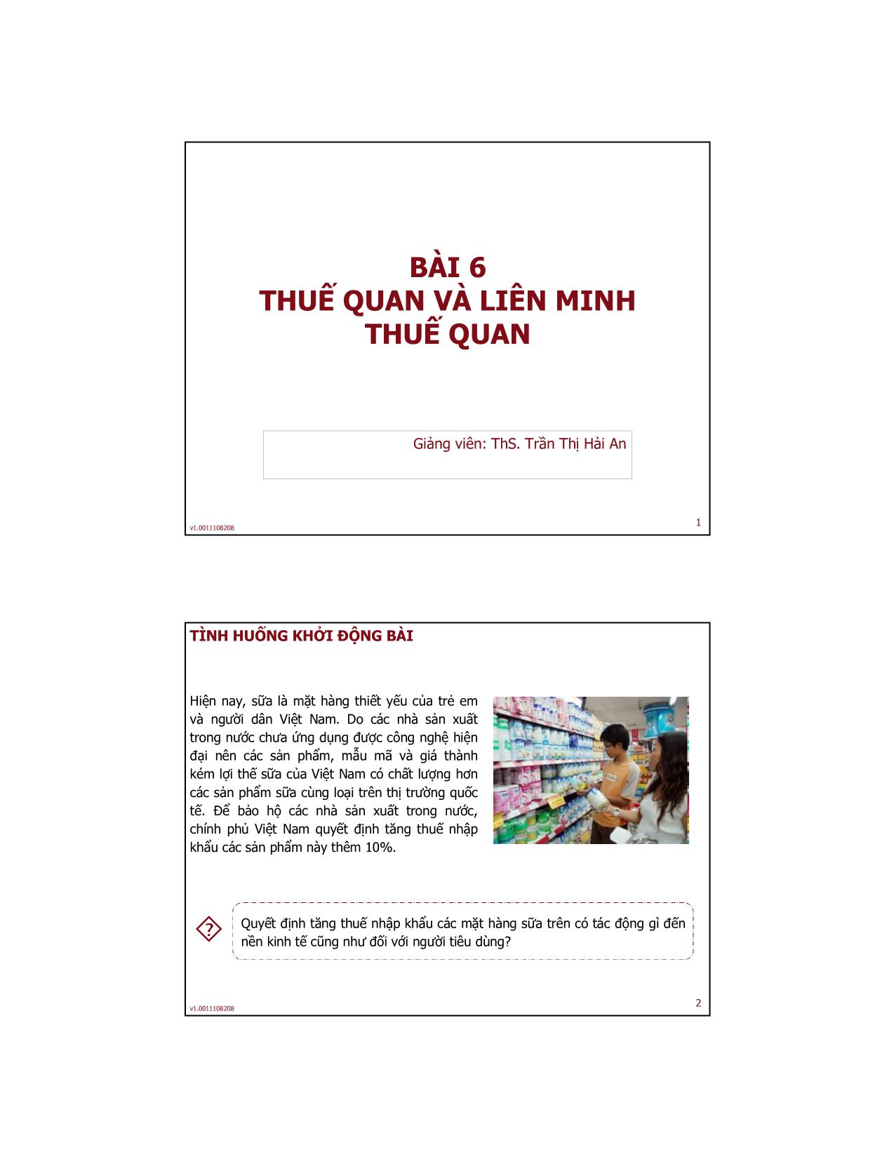 Bài giảng Tài chính quốc tế - Bài 6: Thuế quan và liên minh thuế quan - Trần Thị Hải An trang 1