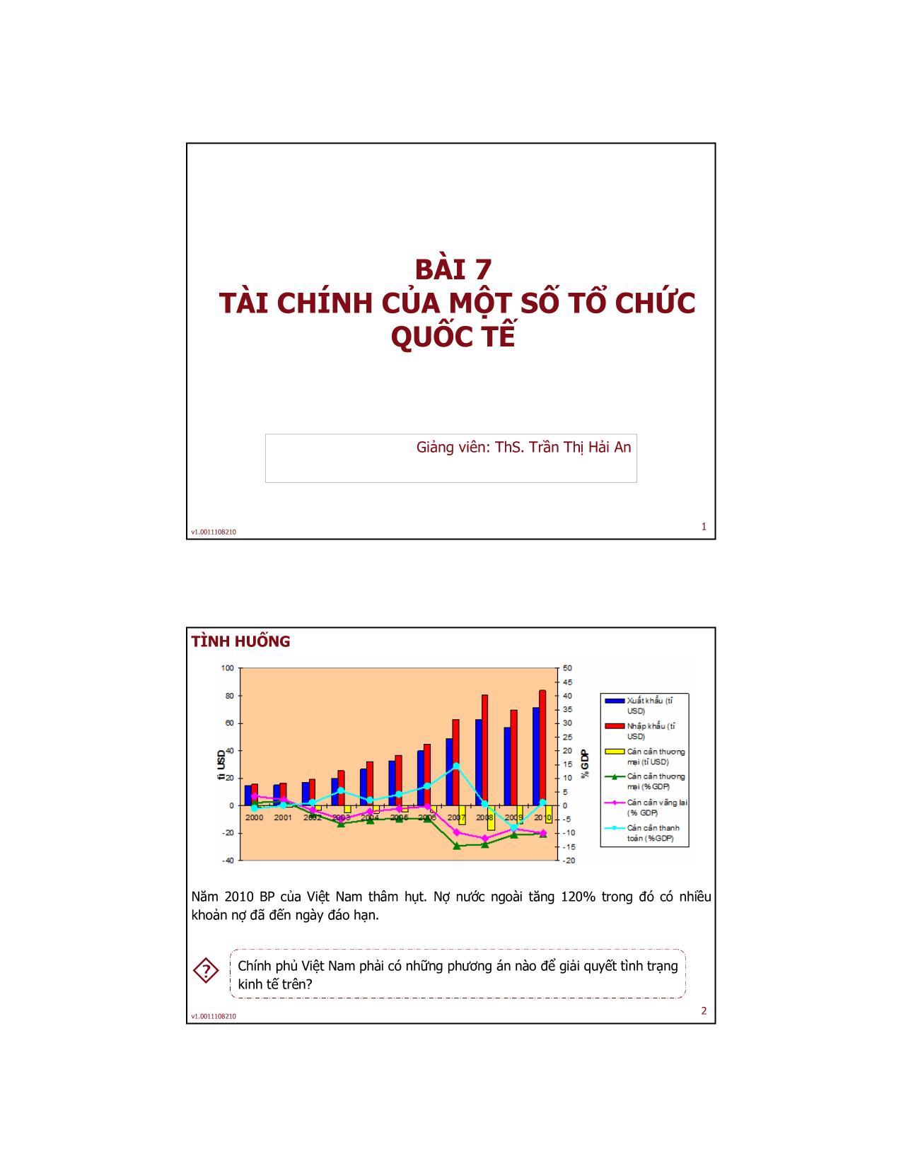 Bài giảng Tài chính quốc tế - Bài 7: Tài chính của một số tổ chức quốc tế - Trần Thị Hải An trang 1