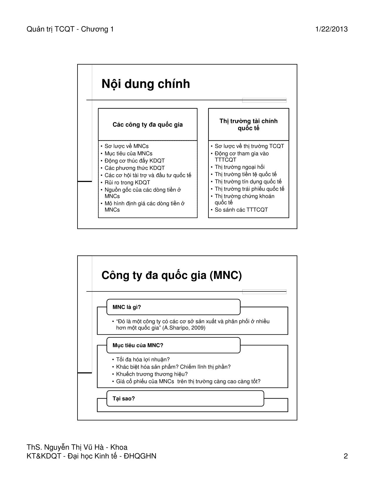 Bài giảng Quản trị tài chính quốc tế - Chương 1: Môi trường tài chính quốc tế - Nguyễn Thị Vũ Hà trang 2