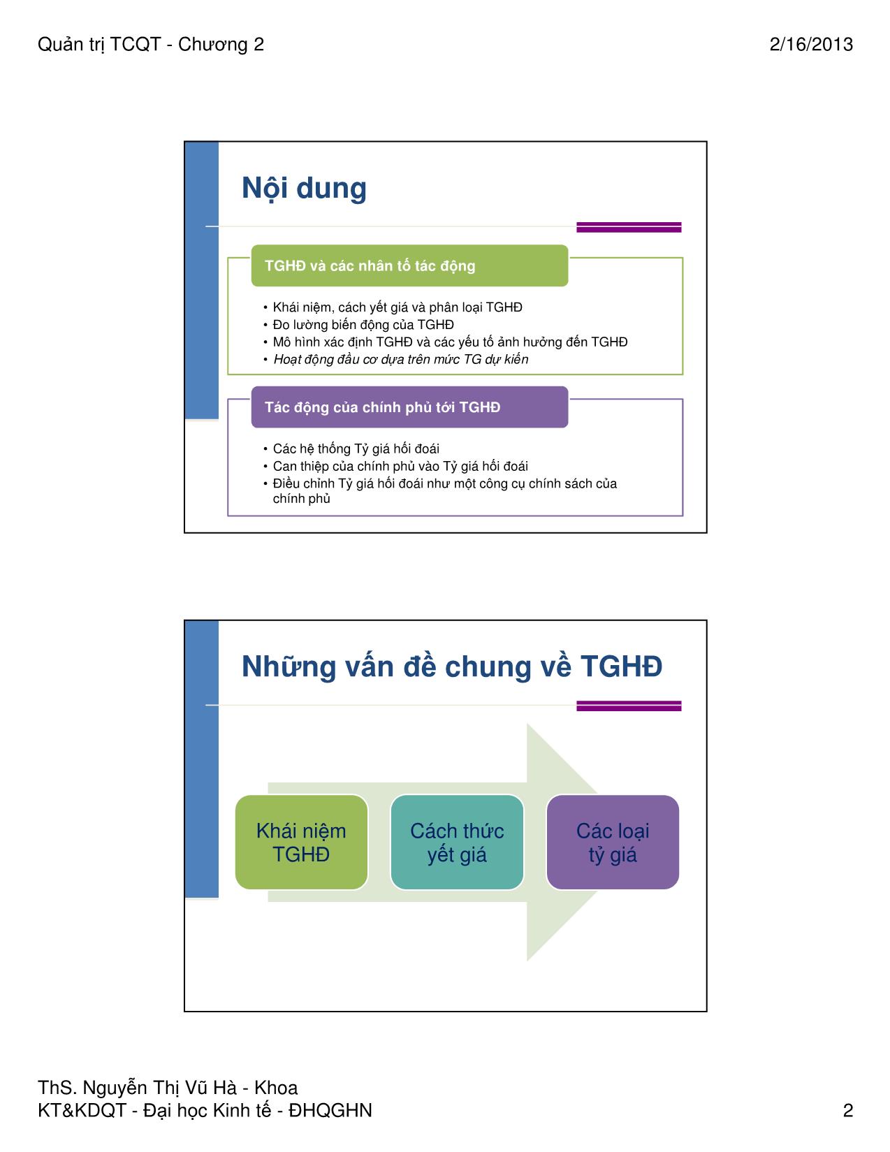 Bài giảng Quản trị tài chính quốc tế - Chương 2: Các nhân tố tác động đến tỷ giá hối đoái - Nguyễn Thị Vũ Hà trang 2