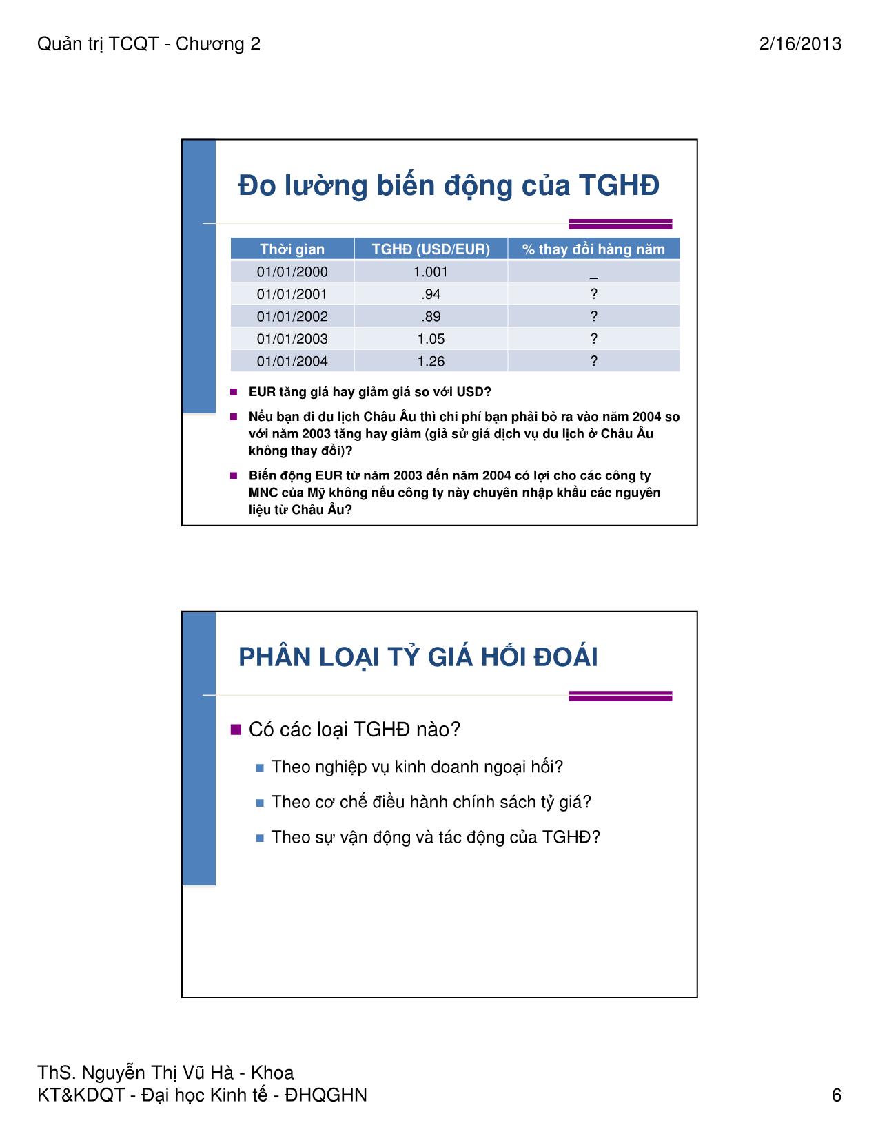 Bài giảng Quản trị tài chính quốc tế - Chương 2: Các nhân tố tác động đến tỷ giá hối đoái - Nguyễn Thị Vũ Hà trang 6