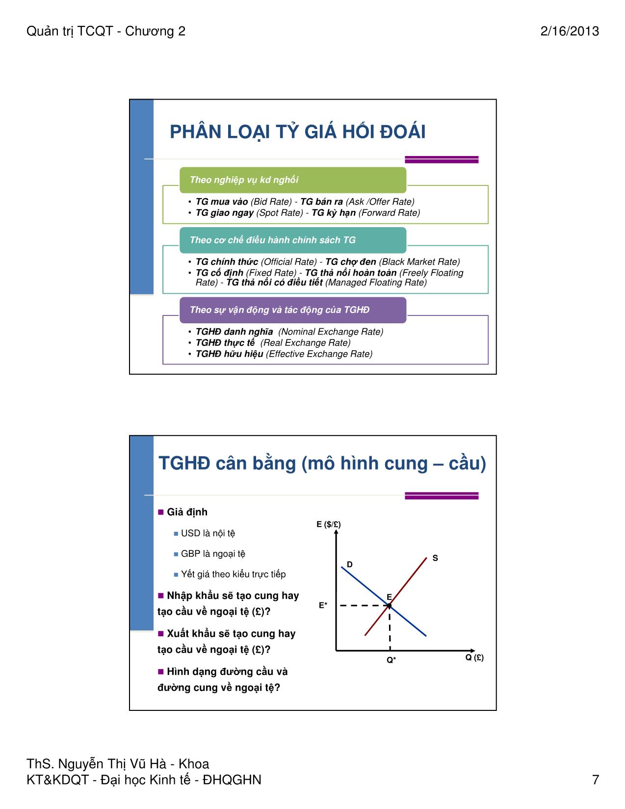 Bài giảng Quản trị tài chính quốc tế - Chương 2: Các nhân tố tác động đến tỷ giá hối đoái - Nguyễn Thị Vũ Hà trang 7