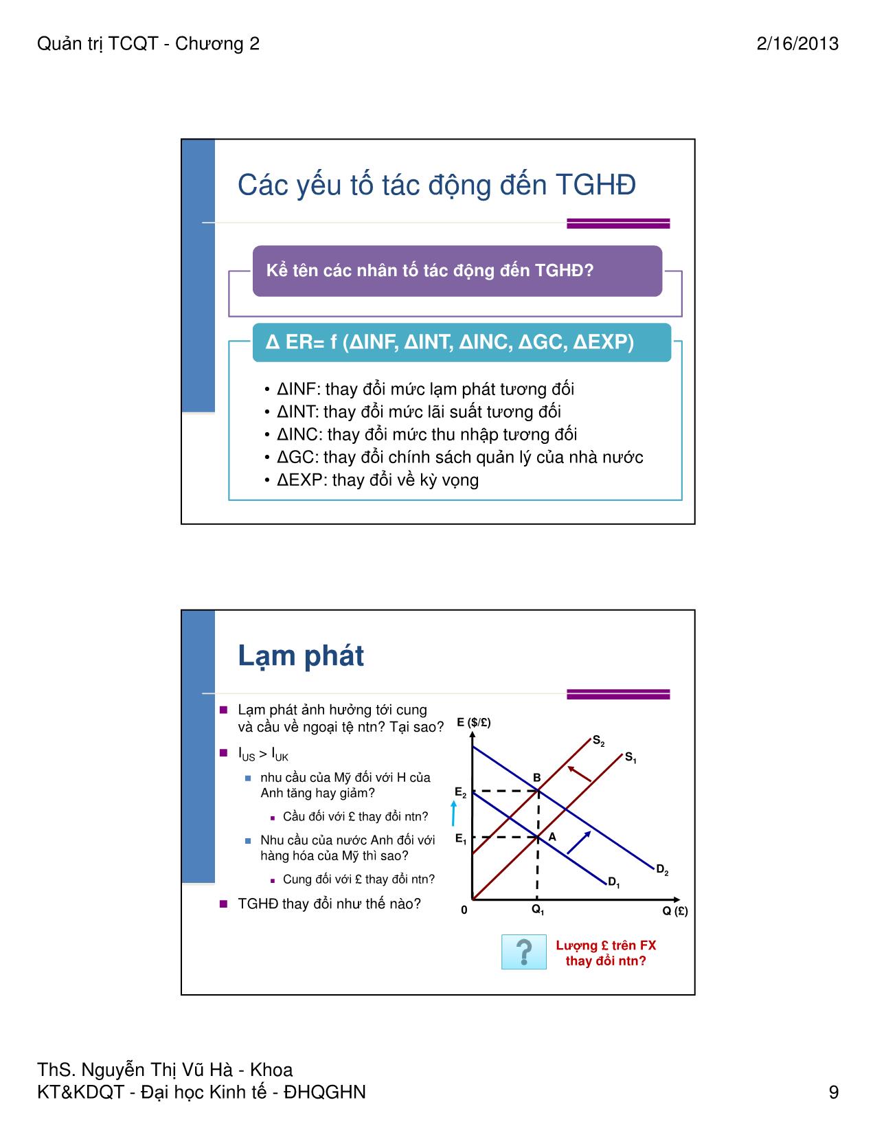 Bài giảng Quản trị tài chính quốc tế - Chương 2: Các nhân tố tác động đến tỷ giá hối đoái - Nguyễn Thị Vũ Hà trang 9