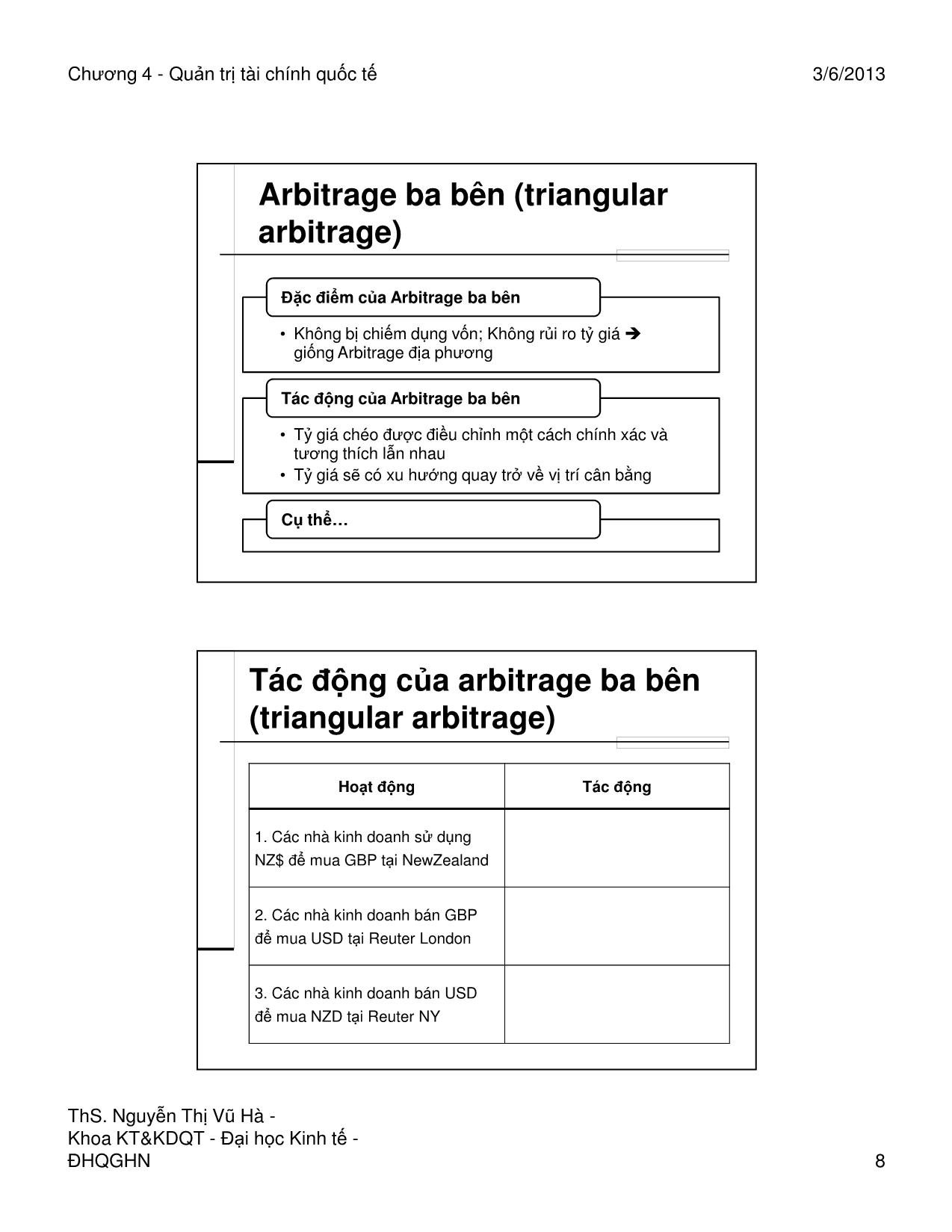 Bài giảng Quản trị tài chính quốc tế - Chương 4: Kinh doanh chênh lệch giá và ngang giá lãi suất quốc tế - Nguyễn Thị Vũ Hà trang 8