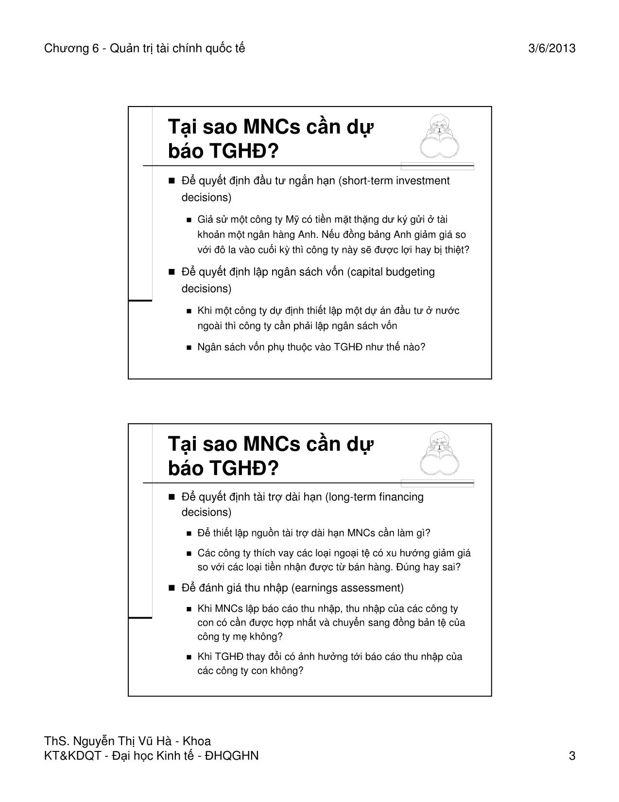 Bài giảng Quản trị tài chính quốc tế - Chương 6: Dự báo tỷ giá và đo lường rủi ro tỷ giá - Nguyễn Thị Vũ Hà trang 3