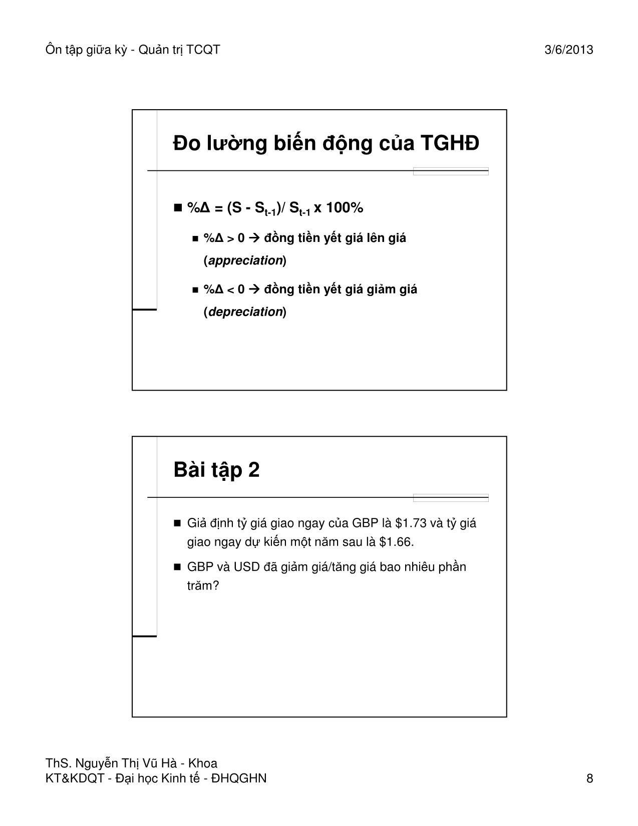 Bài giảng Quản trị tài chính quốc tế - Ôn tập từ chương 1 đến chương 5 - Nguyễn Thị Vũ Hà trang 8