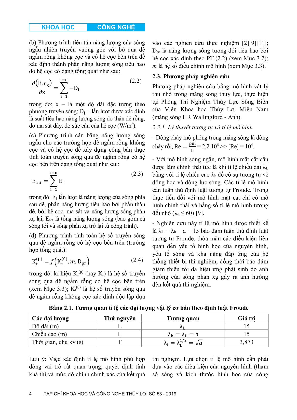 Nghiên cứu xây dựng công thức bán thực nghiệm tính toán hệ số truyền sóng qua đê ngầm cọc có cấu tạo phức hợp trang 4