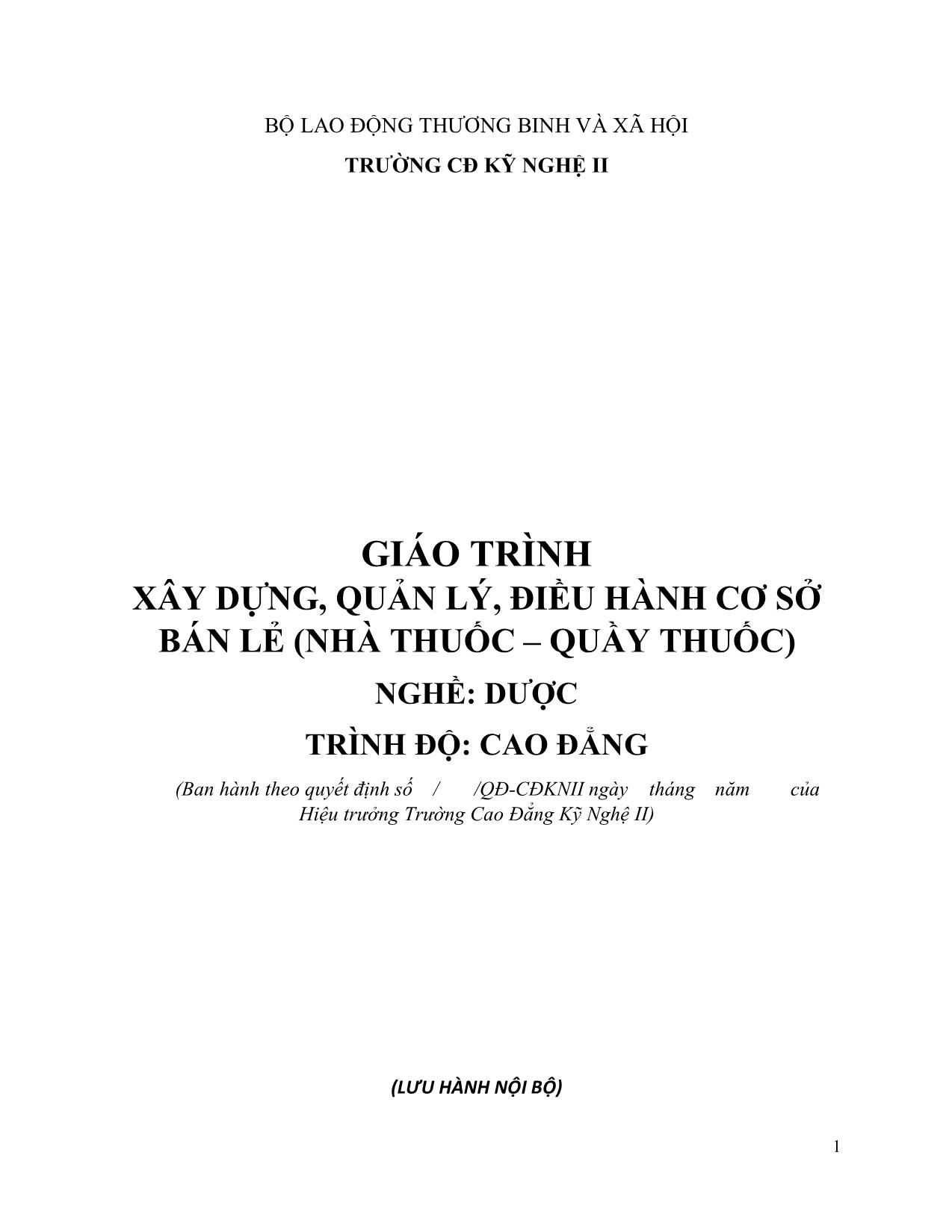 Giáo trình Dược - Xây dựng, quản lý, điều hành cơ sở bán lẻ (Nhà thuốc – quầy thuốc) trang 1