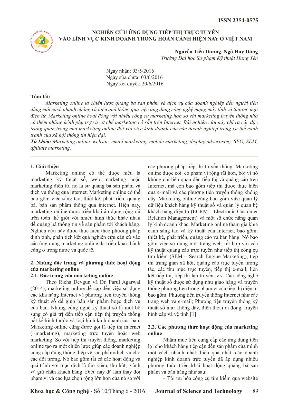 Nghiên cứu ứng dụng tiếp thị trực tuyến vào lĩnh vực kinh doanh trong hoàn cảnh hiện nay ở Việt Nam trang 1