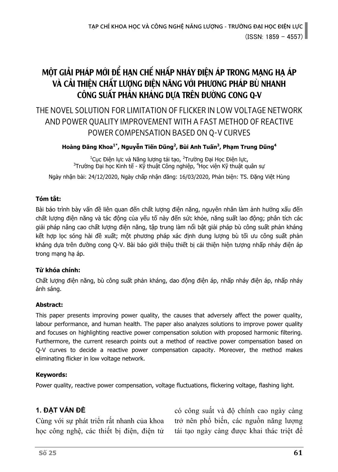 Một giải pháp mới để hạn chế nhấp nháy điện áp trong mạng hạ áp và cải thiện chất lượng điện năng với phương pháp bù nhanh công suất phản kháng dựa trên đường cong Q-V trang 1