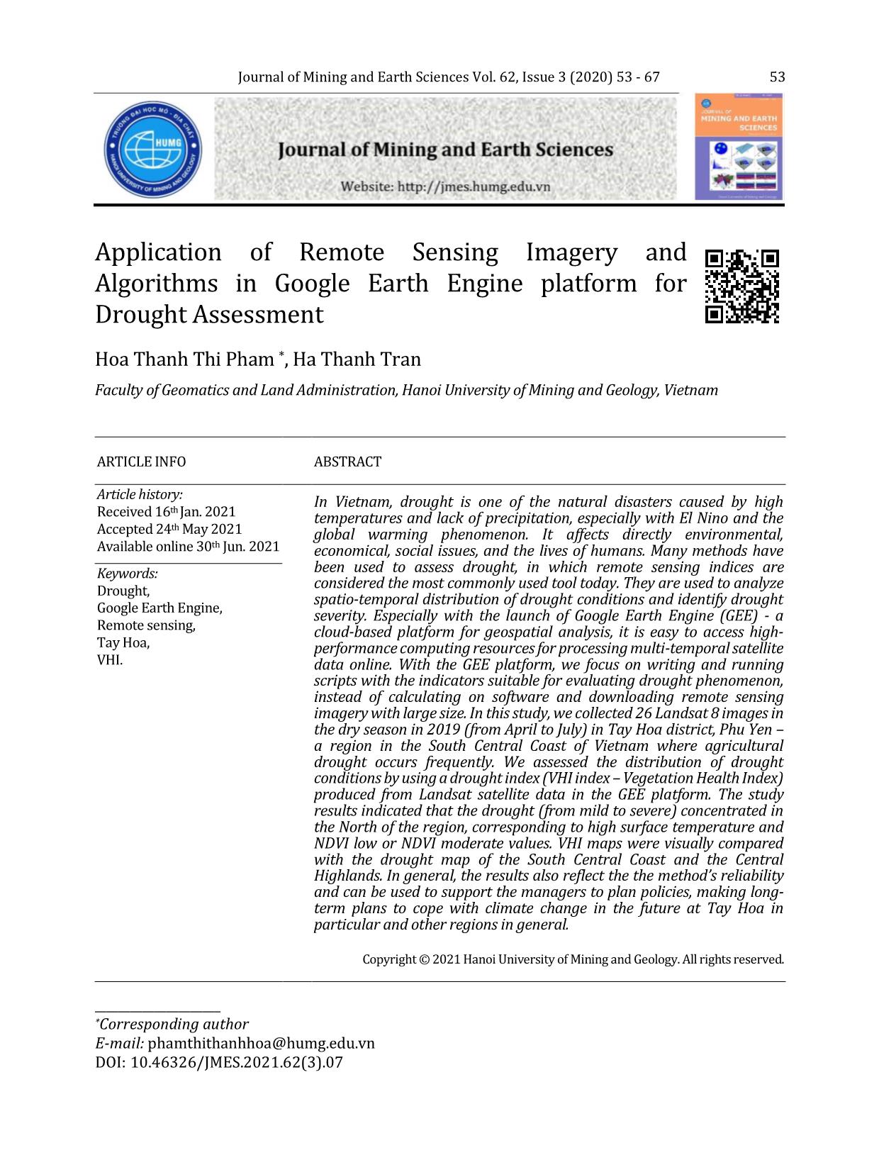 Application of remote sensing imagery and algorithms in Google earth engine platform for drought assessment trang 1