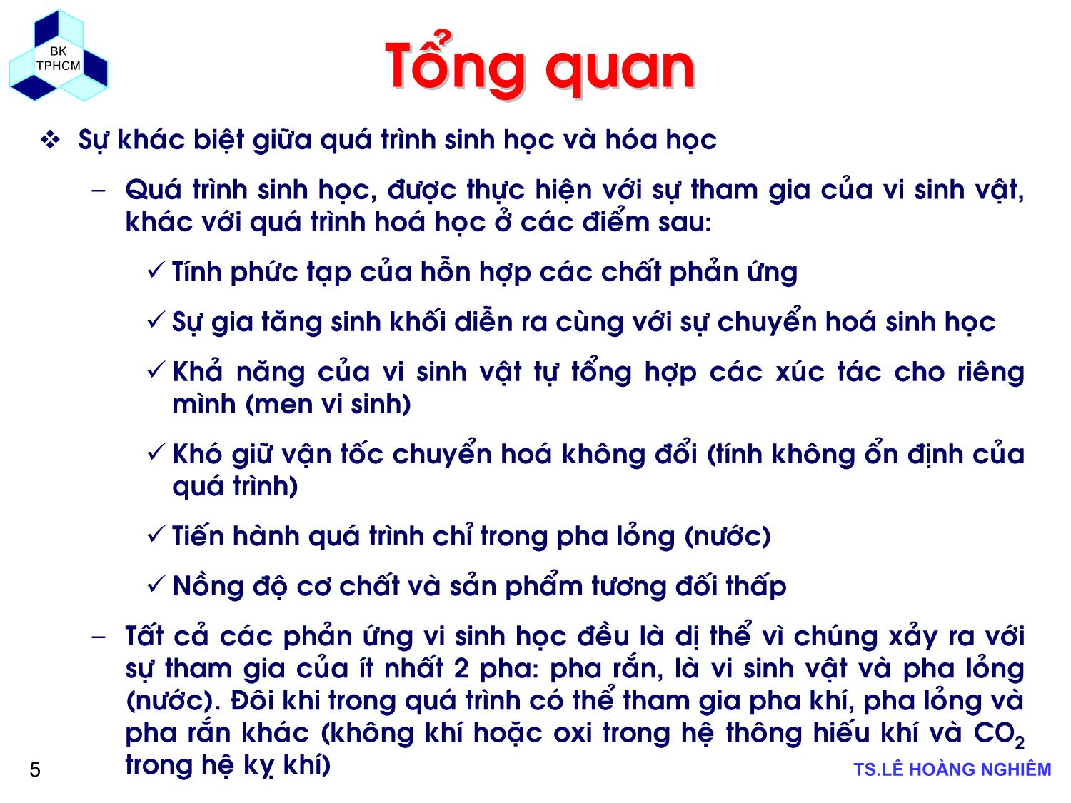 Bài giảng Các quá trình sinh học trong kỹ thuật môi trường - Chương 1: Khái niệm cơ bản về xử lý chất thải bằng phương pháp sinh học - Lê Hoàng Nghiêm trang 5