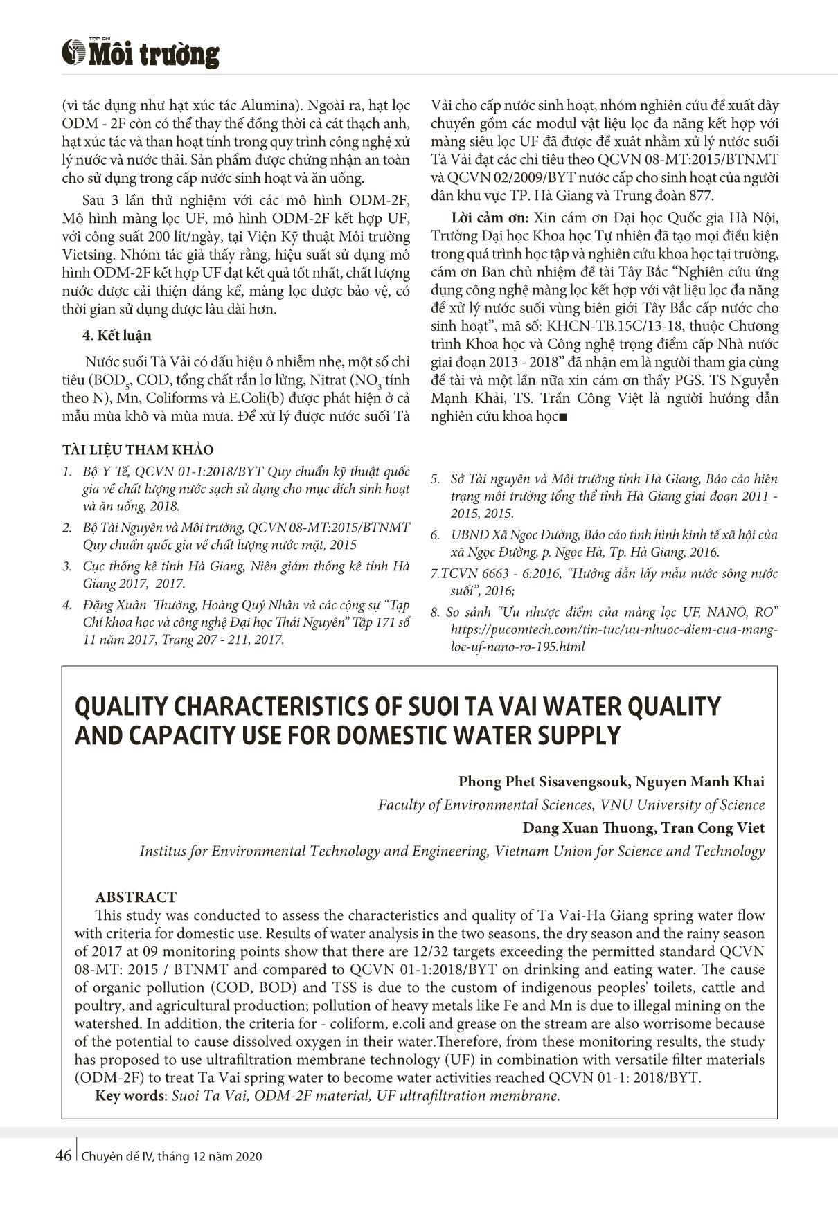 Đặc điểm chất lượng nước suối Tà vải và khả năng sử dụng cho mục đích cấp nước sinh hoạt trang 6
