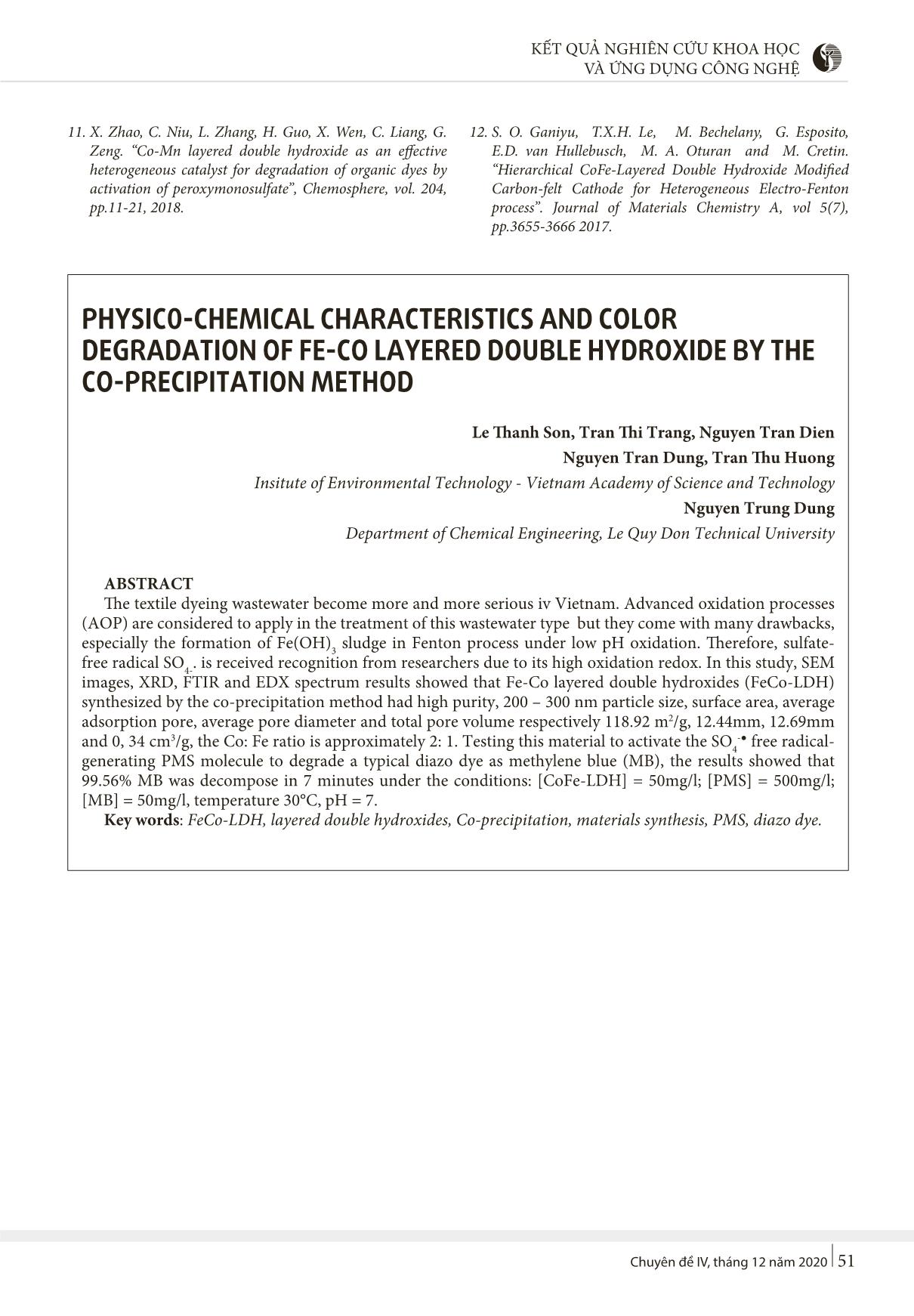 Đặc trưng hóa lý và khả năng phân hủy chất màu của vật liệu hydroxit lớp kép Fe-Co được tổng hợp bằng phương pháp đồng kết tủa trang 5