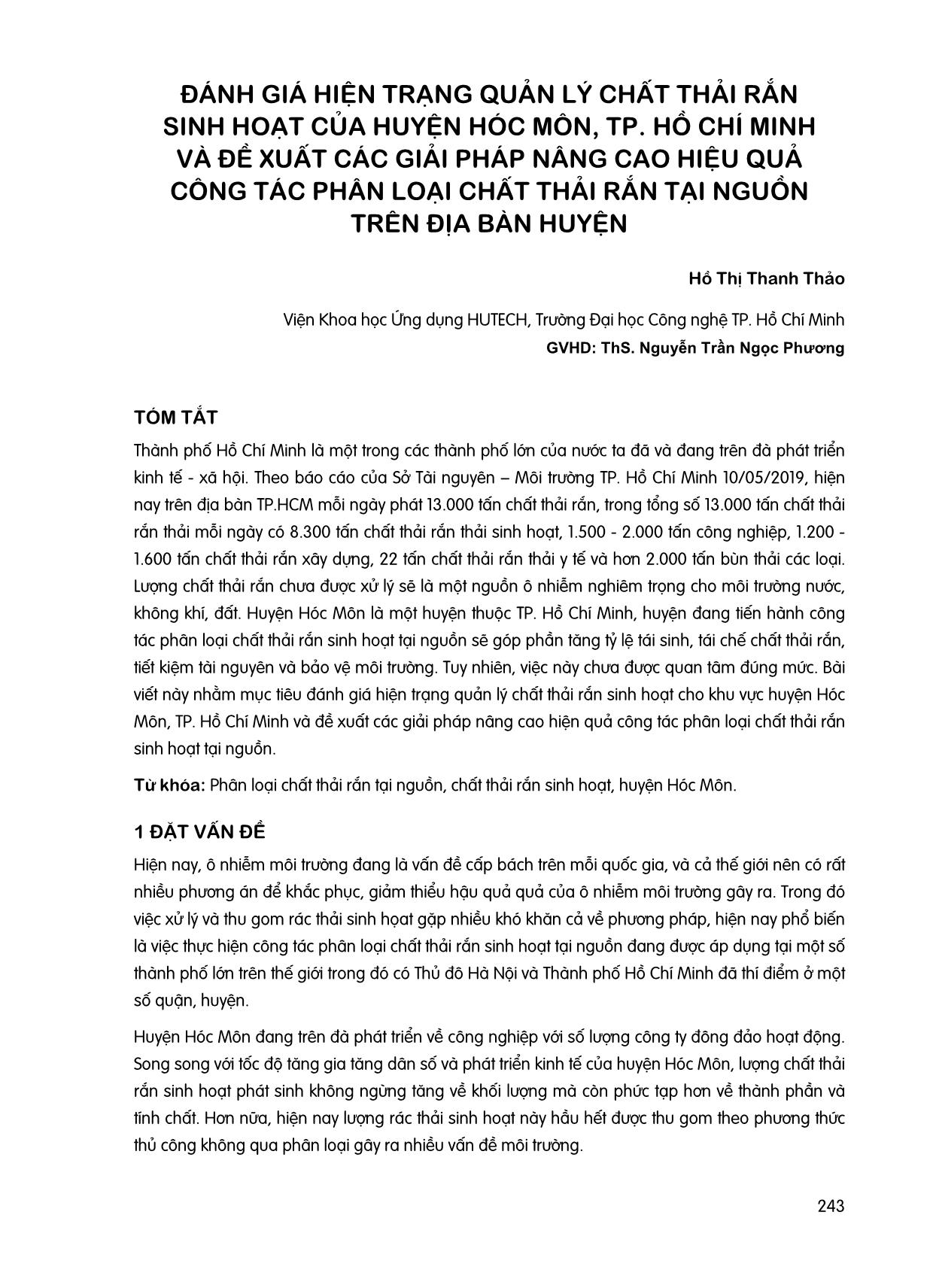 Đánh giá hiện trạng quản lý chất thải rắn sinh hoạt của huyện Hóc Môn, thành phố Hồ Chí Minh và đề xuất các giải pháp nâng cao hiệu quả công tác phân loại chất thải rắn tại nguồn trên địa bàn huyện trang 1