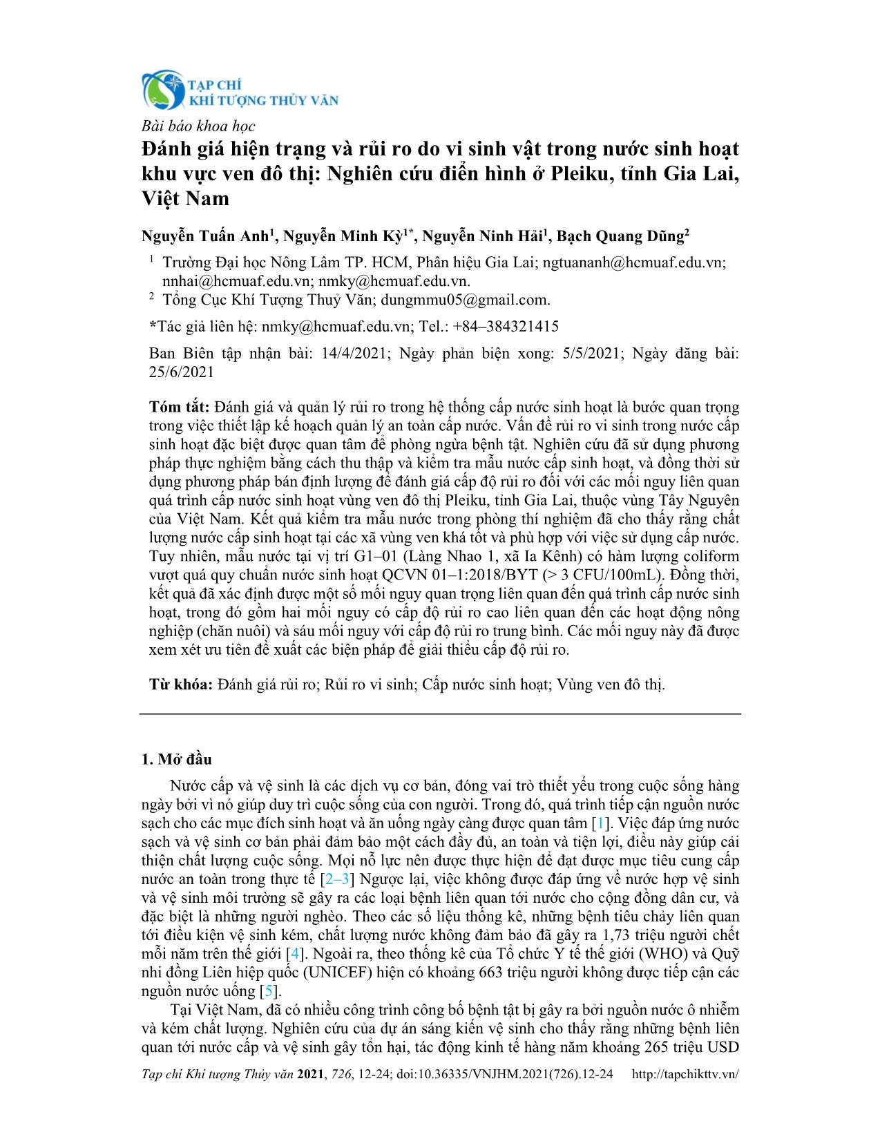 Đánh giá hiện trạng và rủi ro do vi sinh vật trong nước sinh hoạt khu vực ven đô thị: Nghiên cứu điển hình ở Pleiku, tỉnh Gia Lai, Việt Nam trang 1
