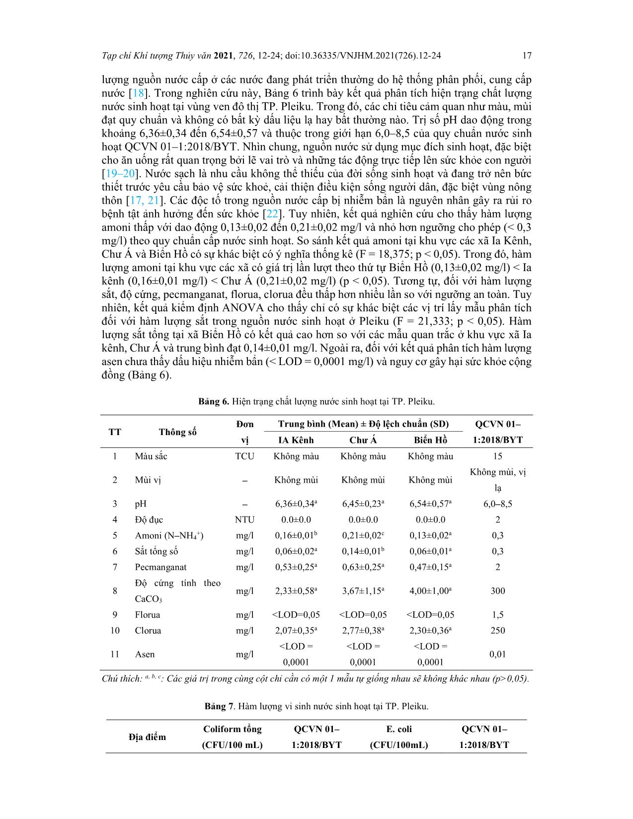 Đánh giá hiện trạng và rủi ro do vi sinh vật trong nước sinh hoạt khu vực ven đô thị: Nghiên cứu điển hình ở Pleiku, tỉnh Gia Lai, Việt Nam trang 6