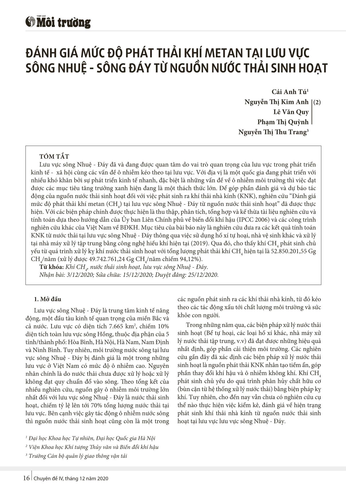 Đánh giá mức độ phát thải khí metan tại lưu vực sông Nhuệ - sông Đáy từ nguồn nước thải sinh hoạt trang 1