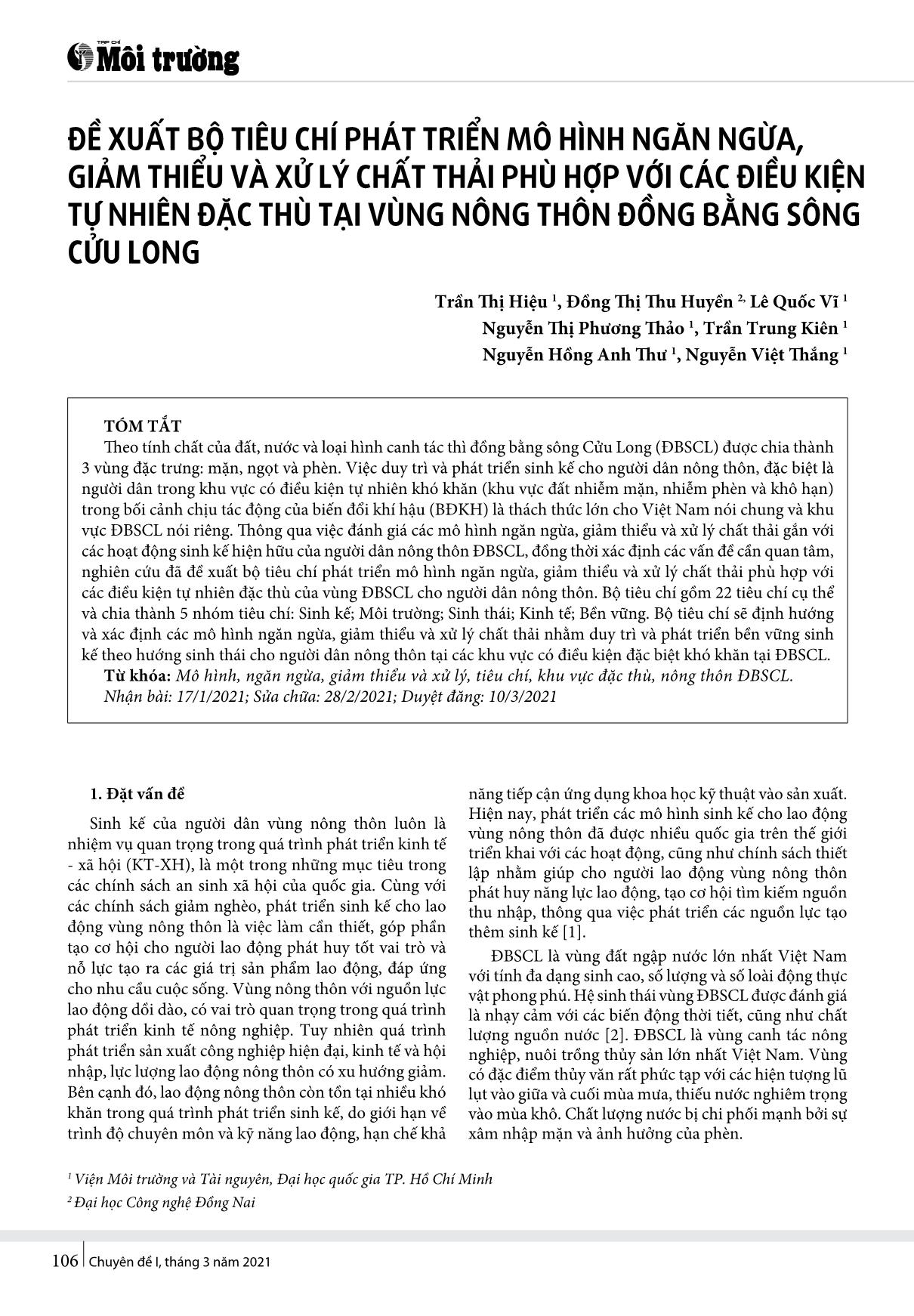 Đề xuất bộ tiêu chí phát triển mô hình ngăn ngừa, giảm thiểu và xử lý chất thải phù hợp với các điều kiện tự nhiên đặc thù tại vùng nông thôn đồng bằng sông Cửu Long trang 1