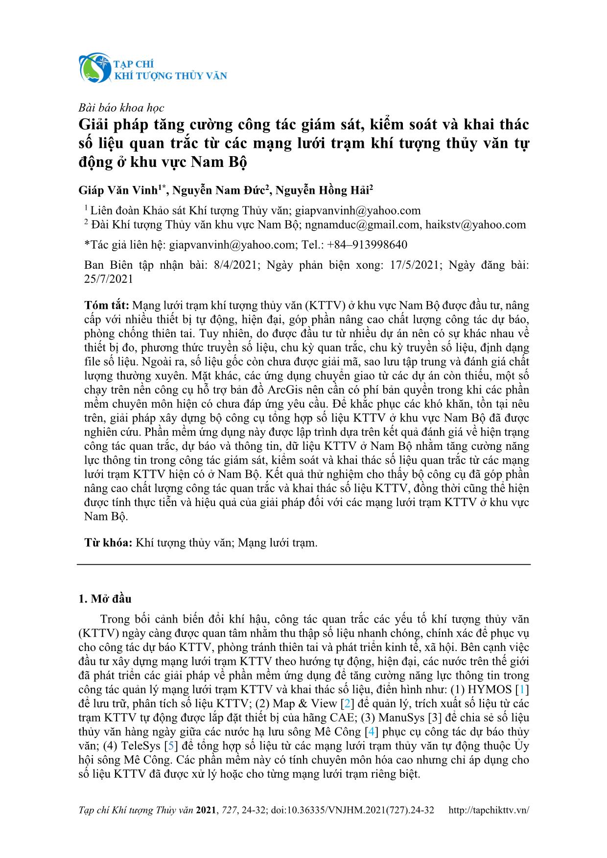 Giải pháp tăng cường công tác giám sát, kiểm soát và khai thác số liệu quan trắc từ các mạng lưới trạm khí tượng thủy văn tự động ở khu vực Nam Bộ trang 1