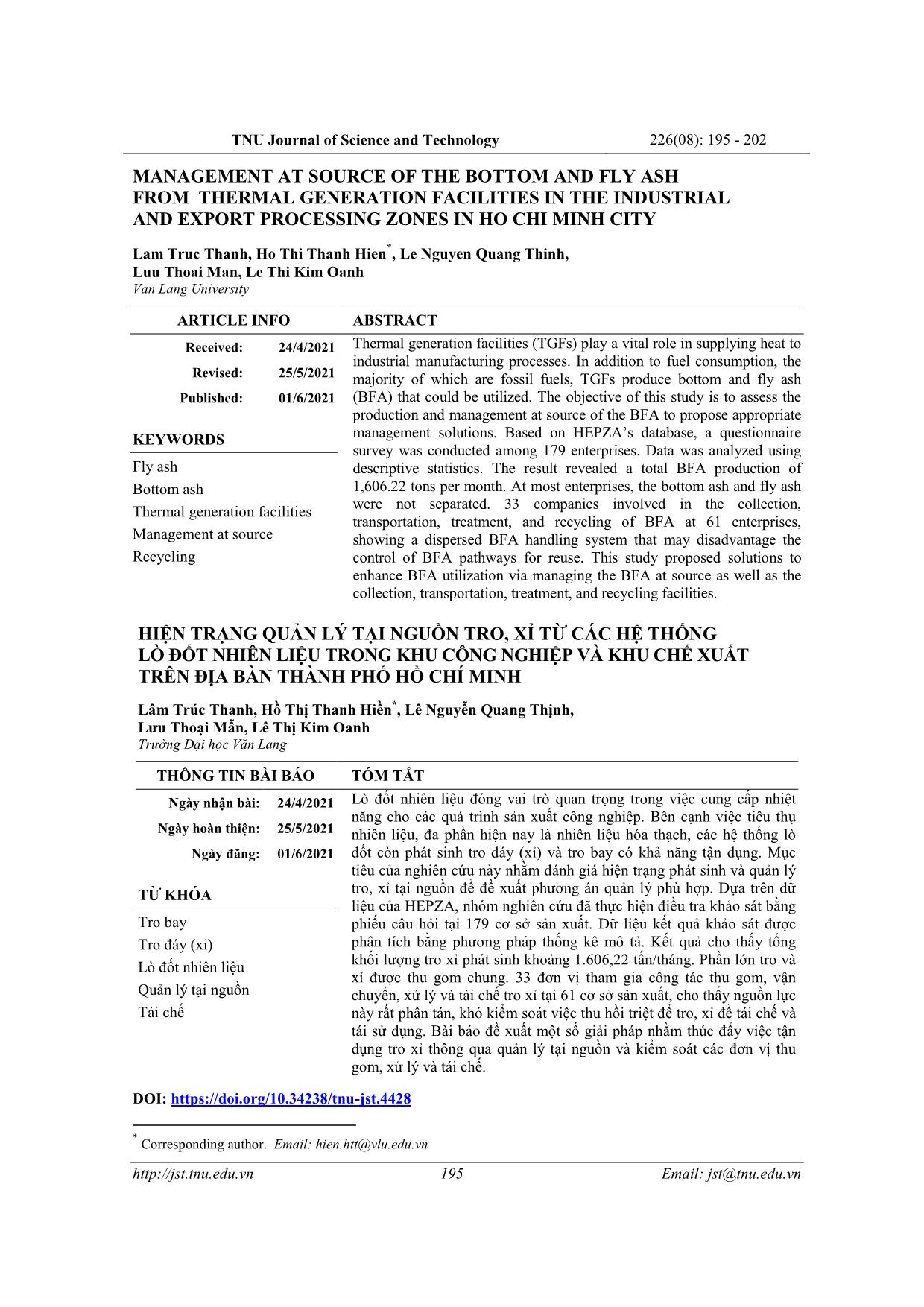 Management at source of the bottom and fly ash from thermal generation facilities in the industrial and export processing zones in Ho Chi Minh city trang 1