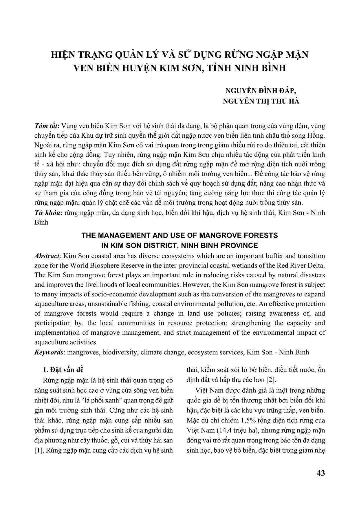 Hiện trạng quản lý và sử dụng rừng ngập mặn ven biển huyện Kim Sơn, tỉnh Ninh Bình trang 1