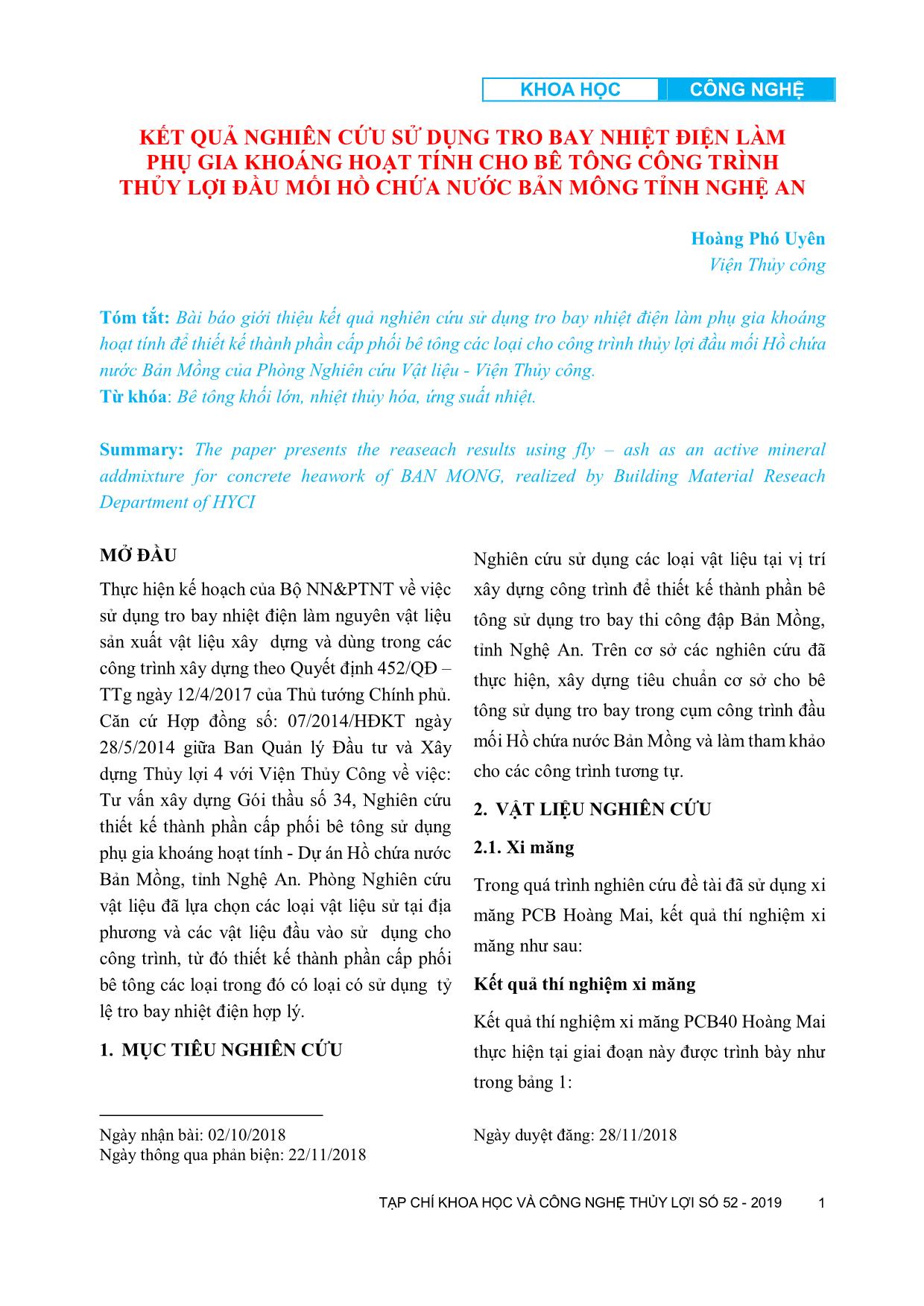 Kết quả nghiên cứu sử dụng tro bay nhiệt điện làm phụ gia khoáng hoạt tính cho bê tông công trình thủy lợi đầu mối hồ chứa nước bản Mông tỉnh Nghệ An trang 1