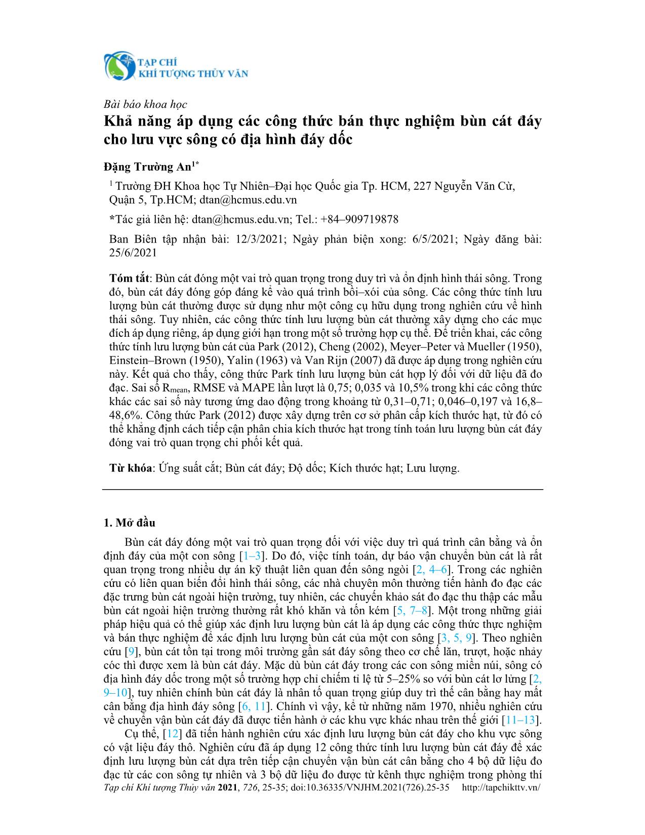 Khả năng áp dụng các công thức bán thực nghiệm bùn cát đáy cho lưu vực sông có địa hình đáy dốc trang 1