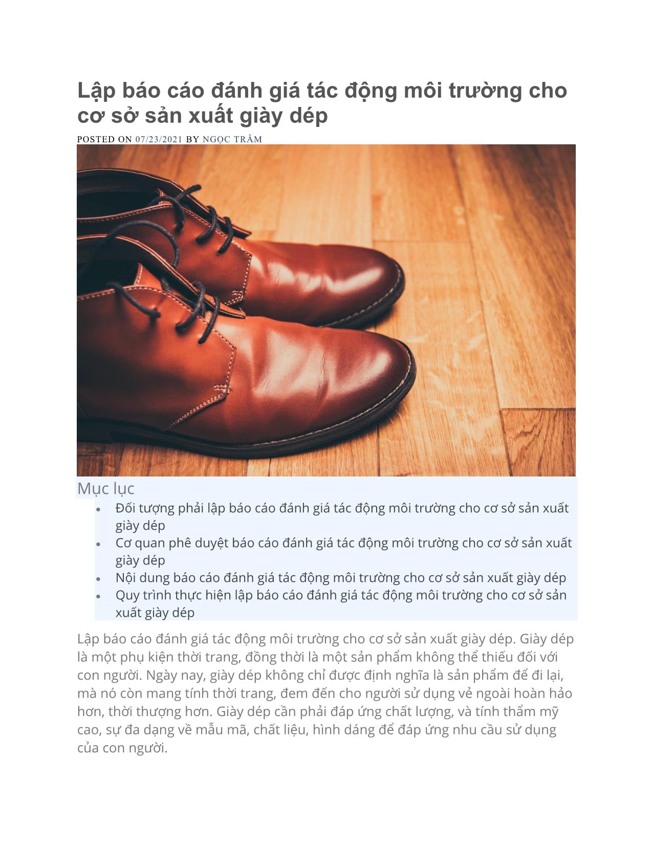 Lập báo cáo đánh giá tác động môi trường cho cơ sở sản xuất giày dép trang 1