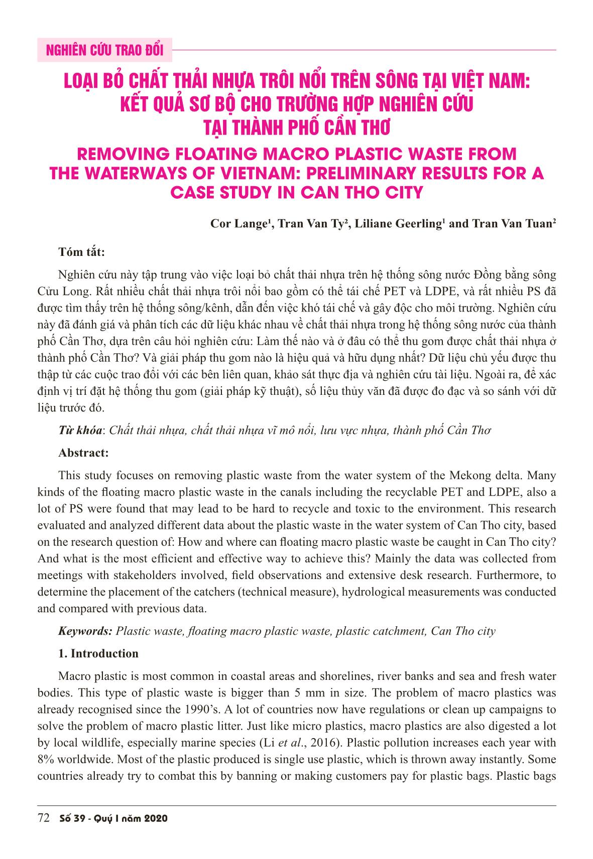 Loại bỏ chất thải nhựa trôi nổi trên sông tại Việt Nam: Kết quả sơ bộ cho trường hợp nghiên cứu tại thành phố Cần Thơ trang 1