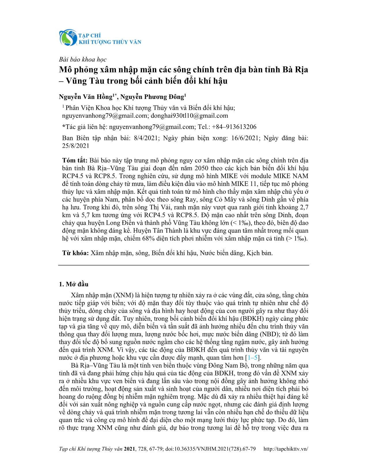 Mô phỏng xâm nhập mặn các sông chính trên địa bàn tỉnh Bà Rịa – Vũng Tàu trong bối cảnh biến đổi khí hậu trang 1